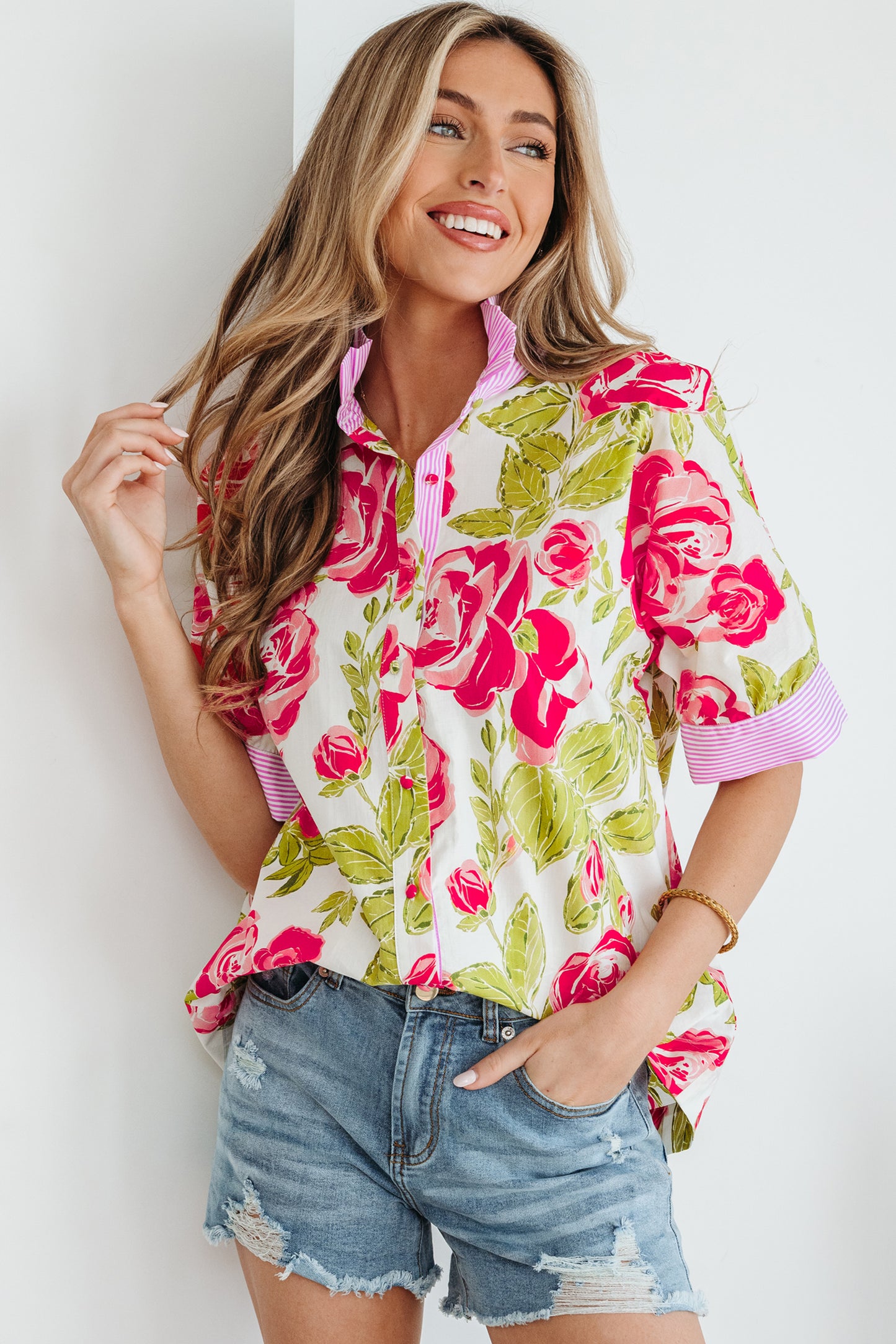 Pink Flower Print Striped Trim Frilled Collar Short Sleeve Shirt