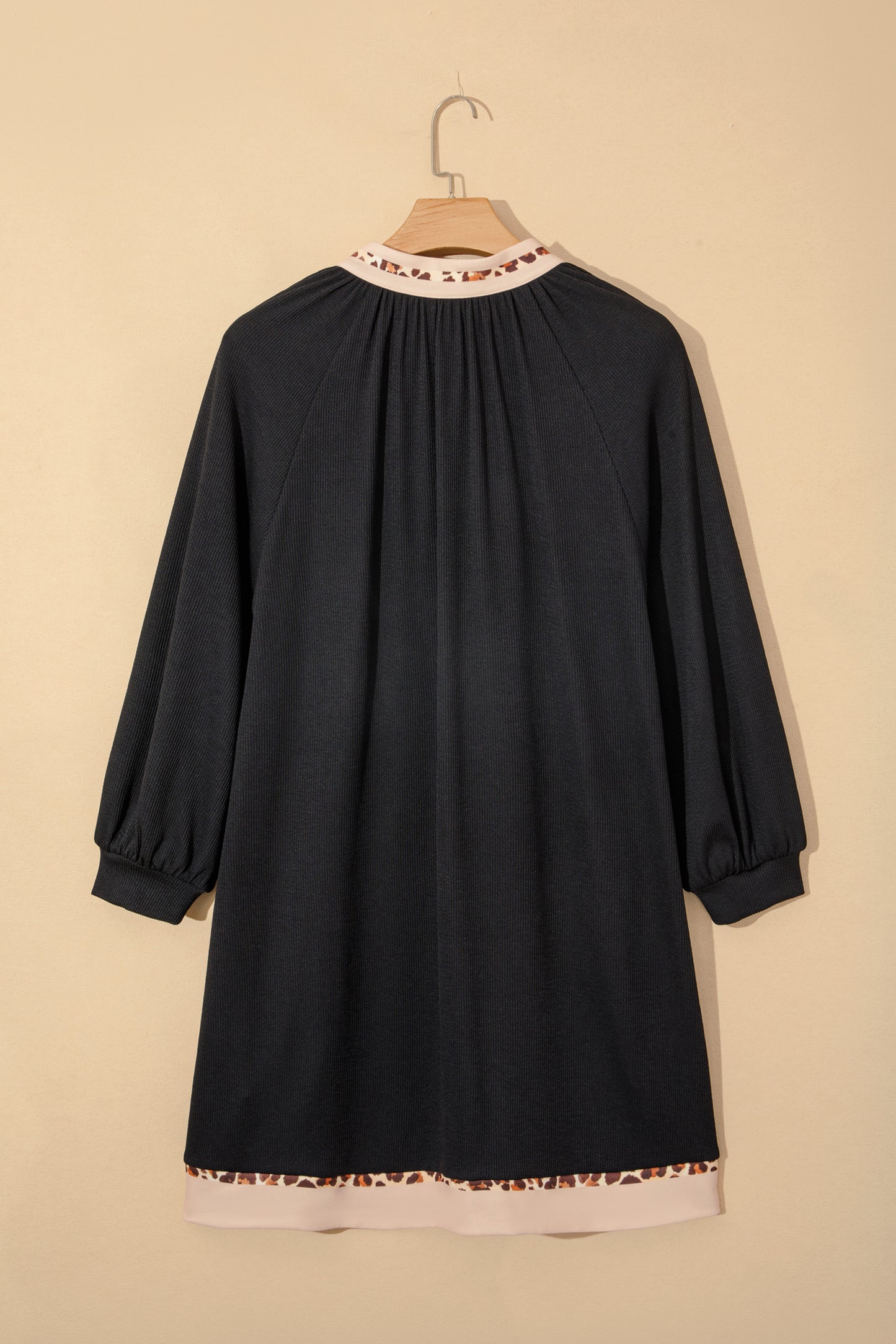 Black Contrast Color Block Leopard Trim Plus Size Ribbed Dress