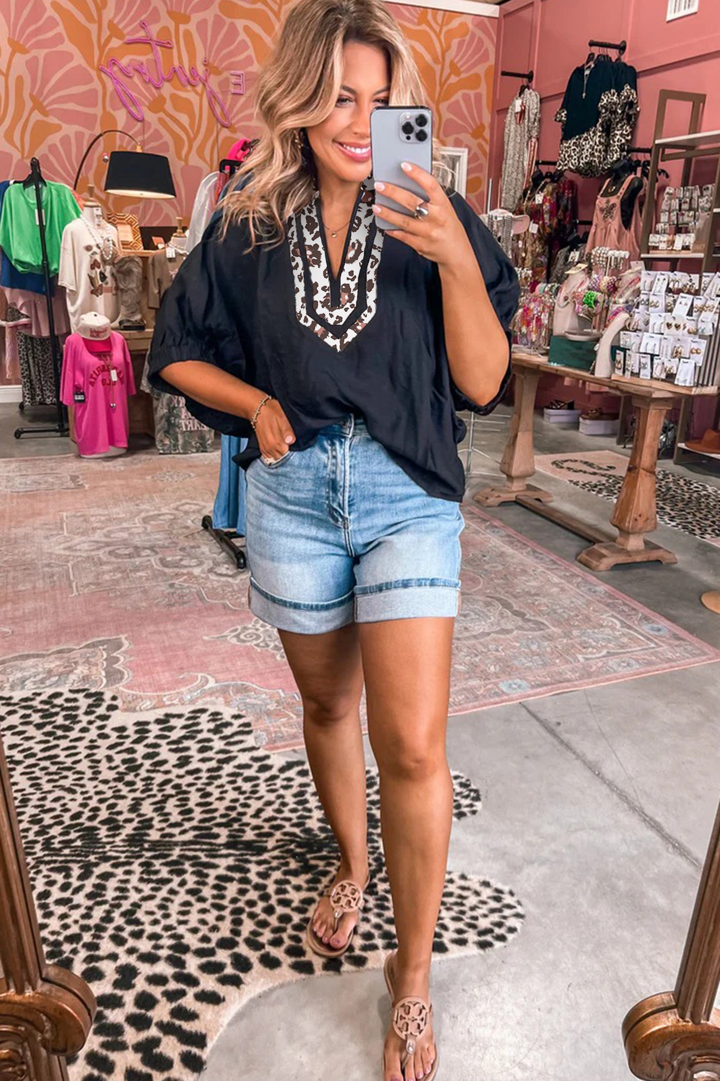 Rose Red Dolman Half Sleeve Leopard Patchwork Trim V Neck Blouse