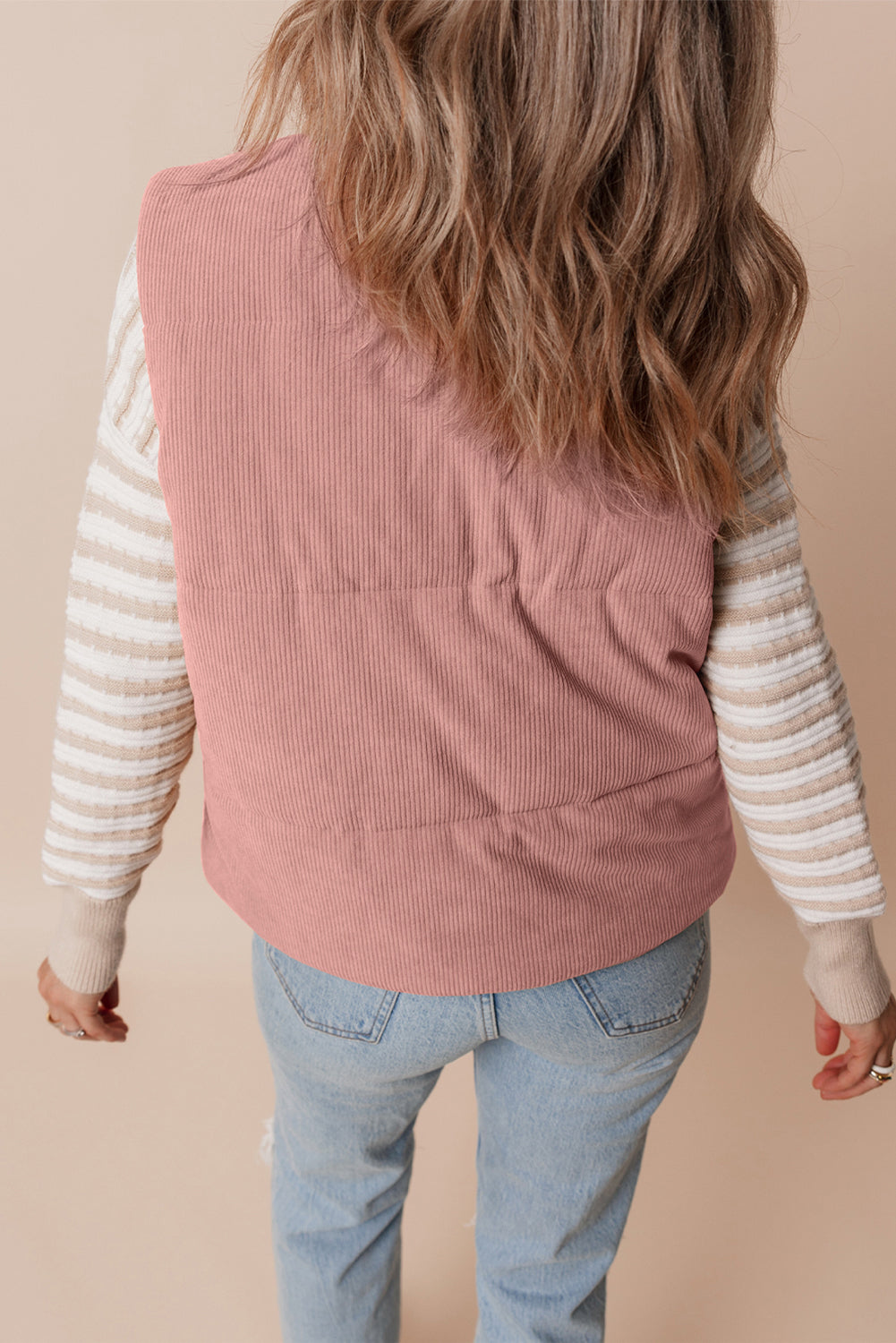 Coffee Corduroy Stand Neck Zipped Puffer Vest
