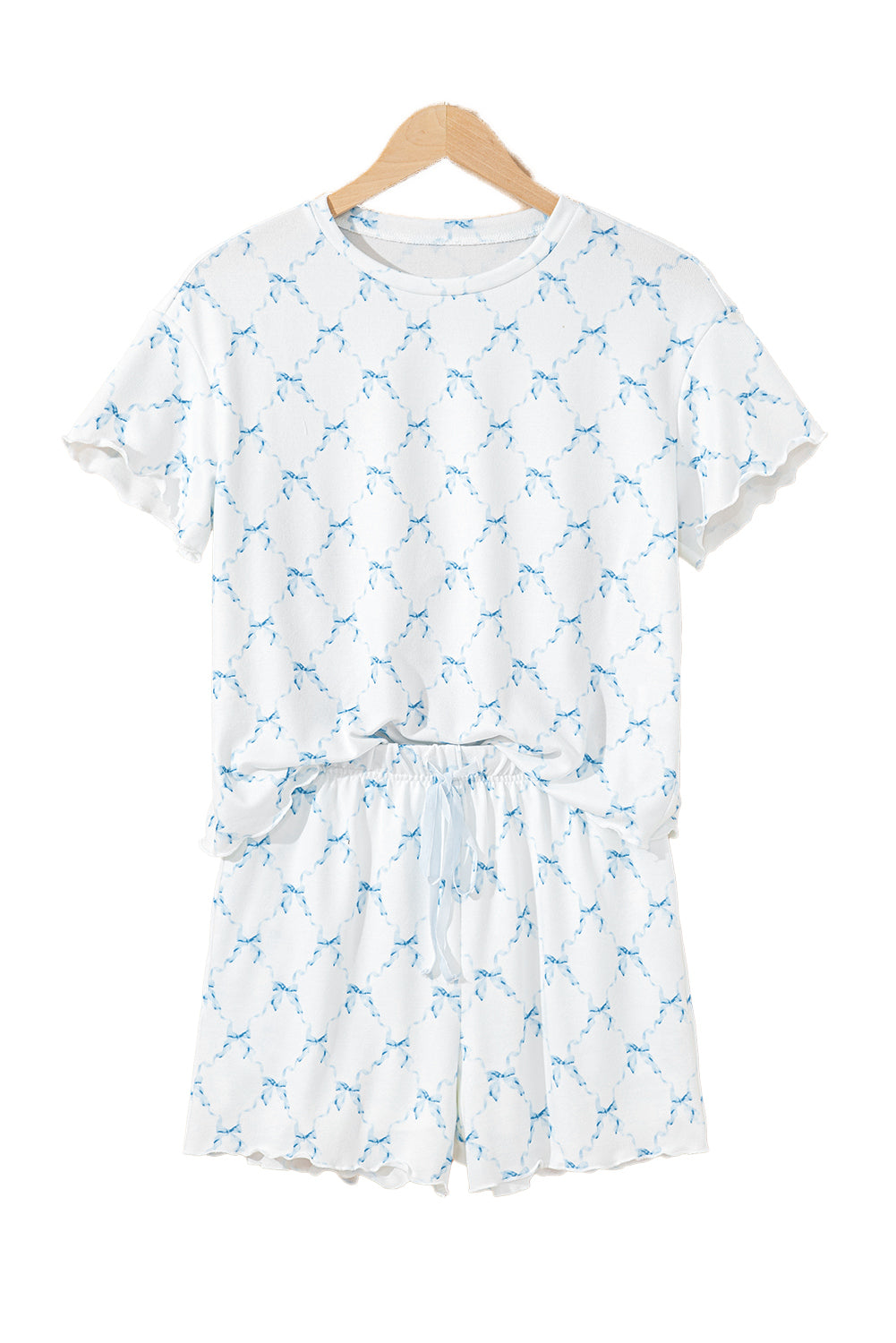 Sky Blue Bow Knot Geometric Print Lettuce Trim Two Piece Lounge Set