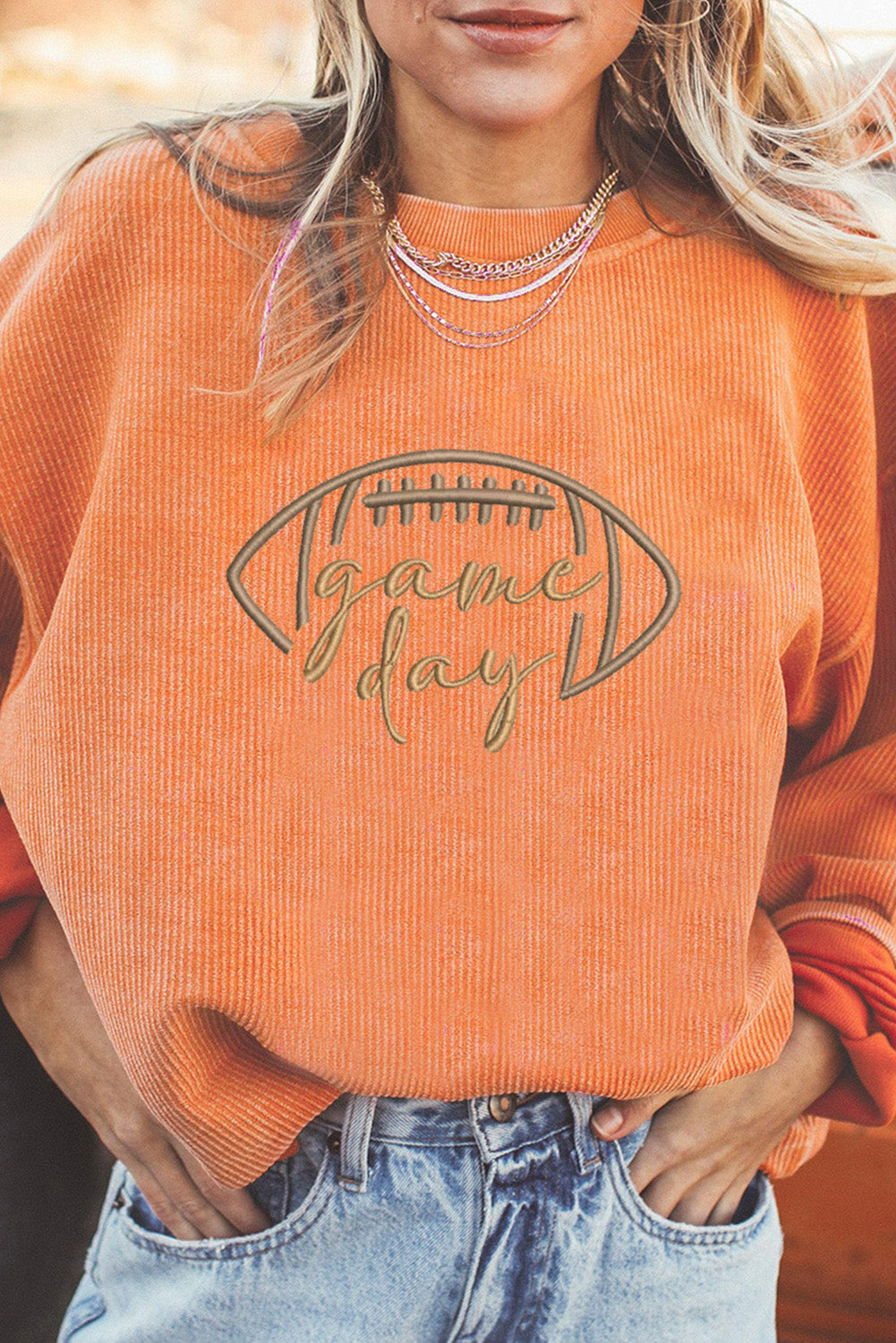 Apricot Rugby Game Day Embroidered Corduroy Sweatshirt