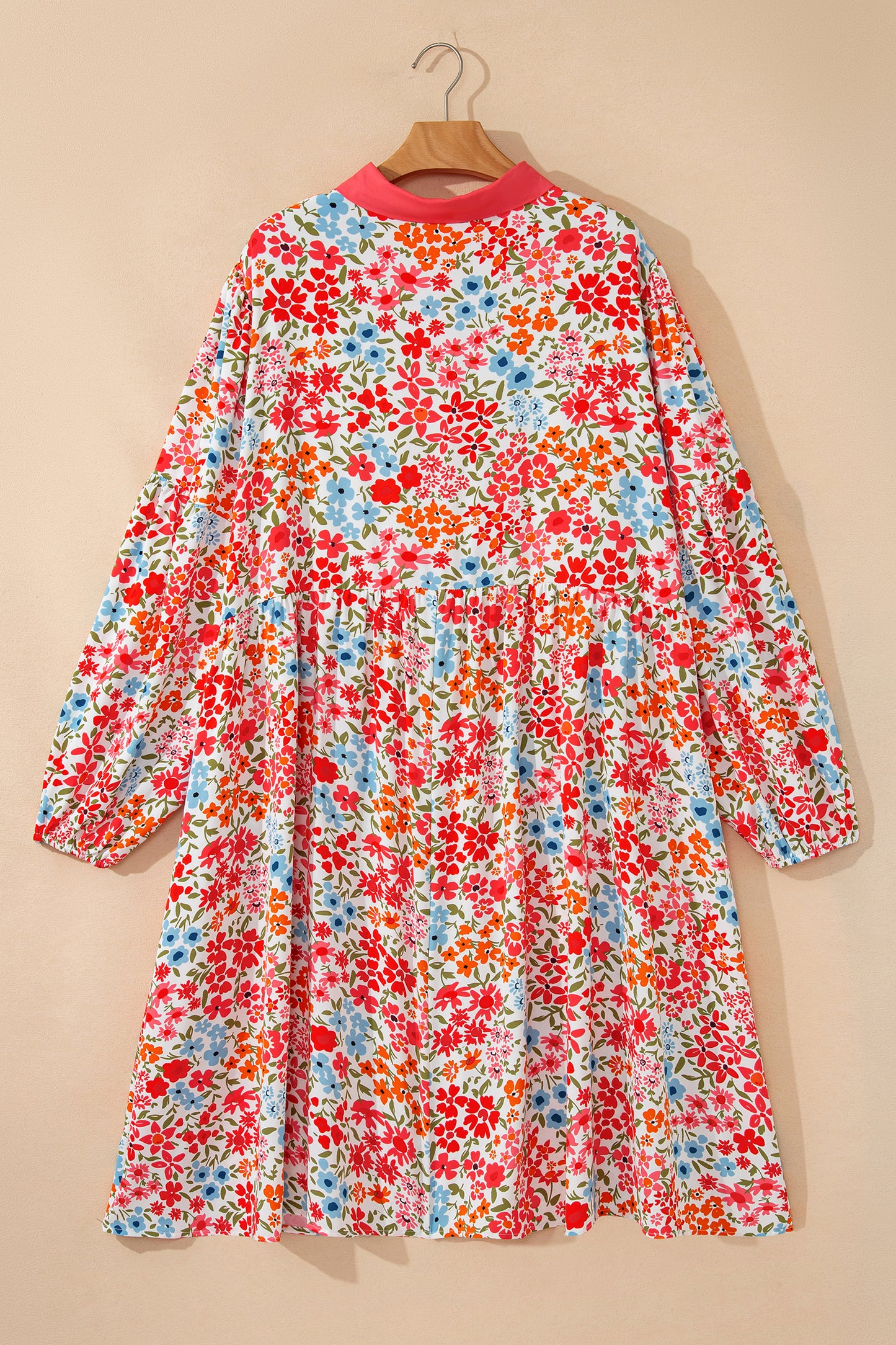 Pink Plus Size Button V Neck Leopard Print Puff Sleeve Loose Mini Dress