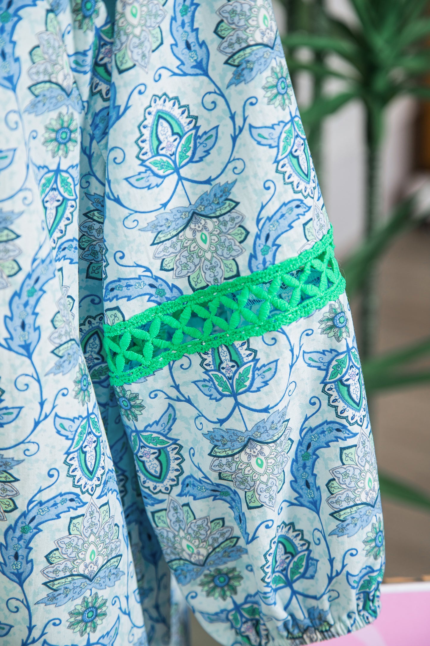 Sky Blue Boho Paisley Print Contrasted Patchwork Detail Bracelet Sleeve Loose Mini Dress