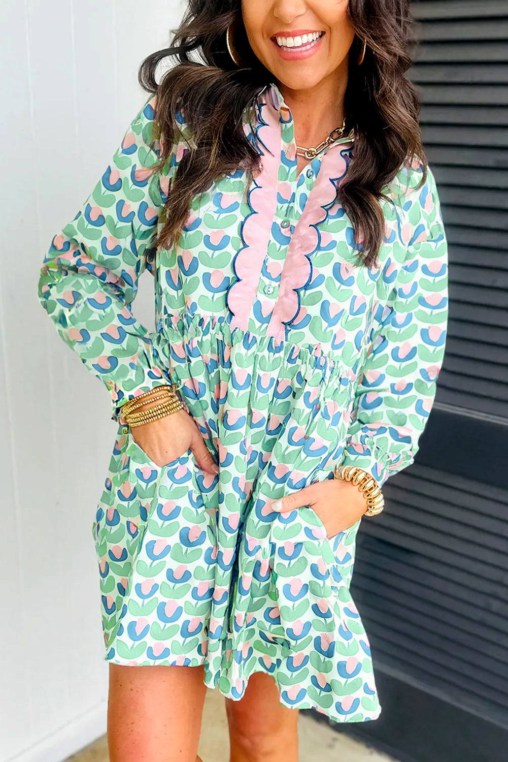 Green Floral Print Notched Neck Scalloped Detail Long Sleeve Mini Dress