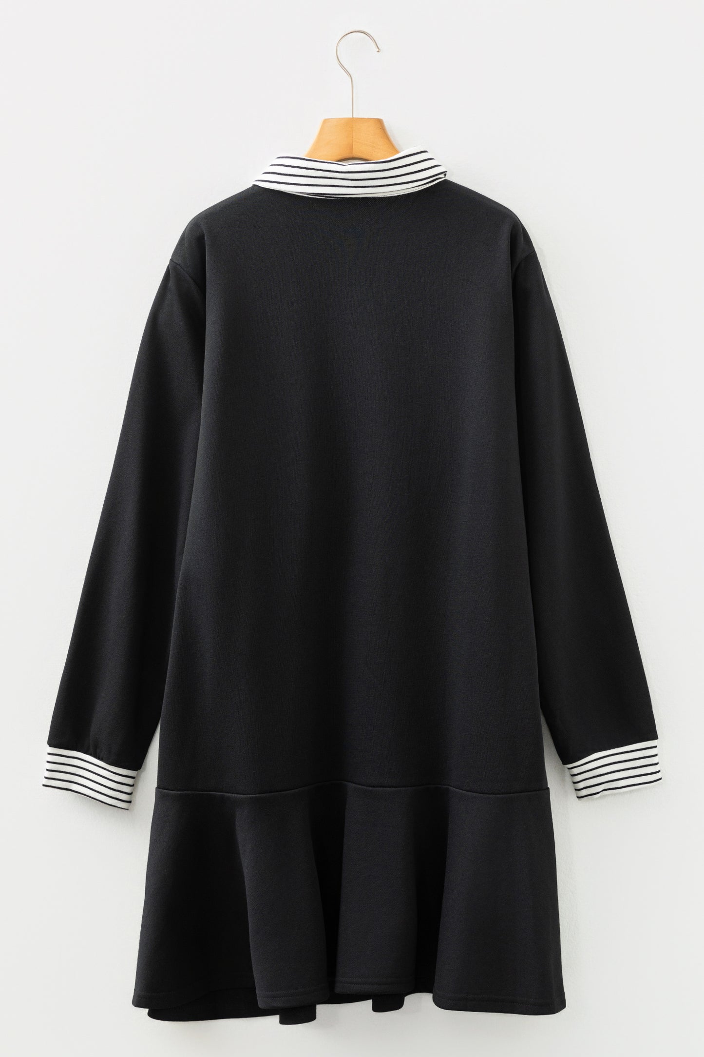 Black Plus Size Striped Cuffs Polo Collar Patchwork Long Sleeve Ruffle Hem Dress