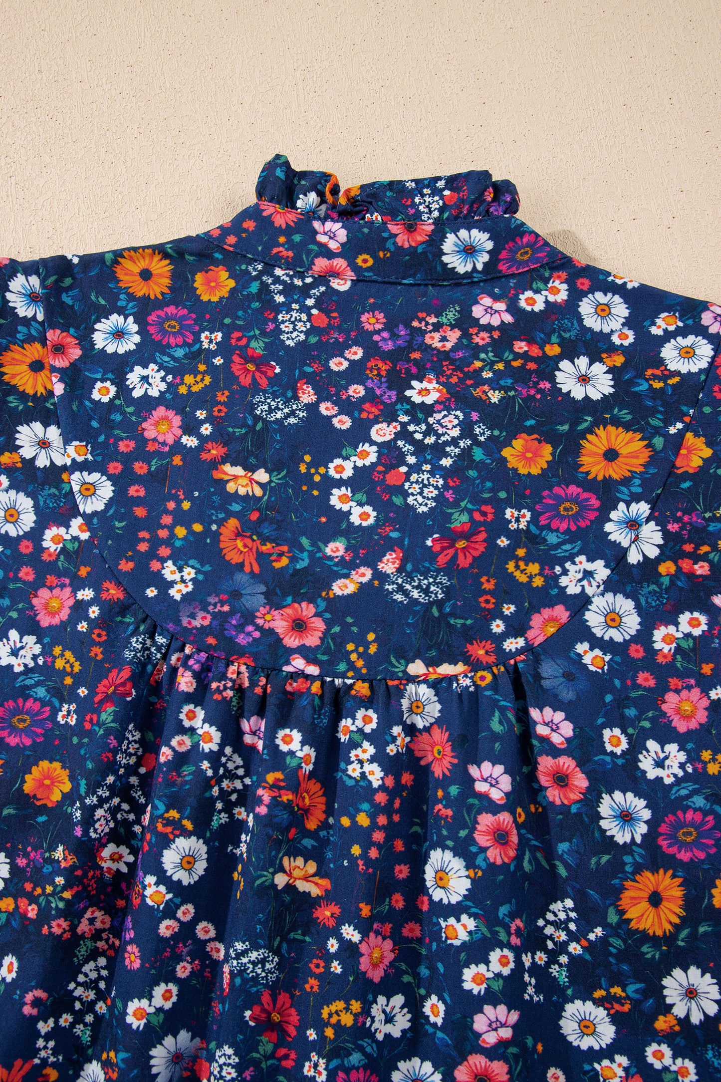 Blue Wild Daisy Floral Split Neck Short Puff Sleeve Mini Dress