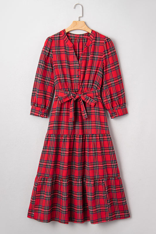 Red Christmas Plaid V Neck 3/4 Sleeve Tie Waist Ruffle Hem Long Dress