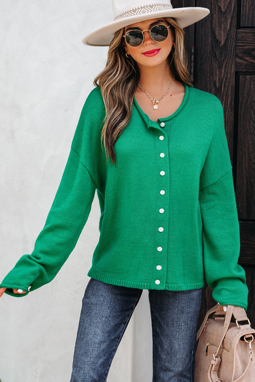 Wisteria Solid Color Knit Button Drop Shoulder Sweater Cardigan