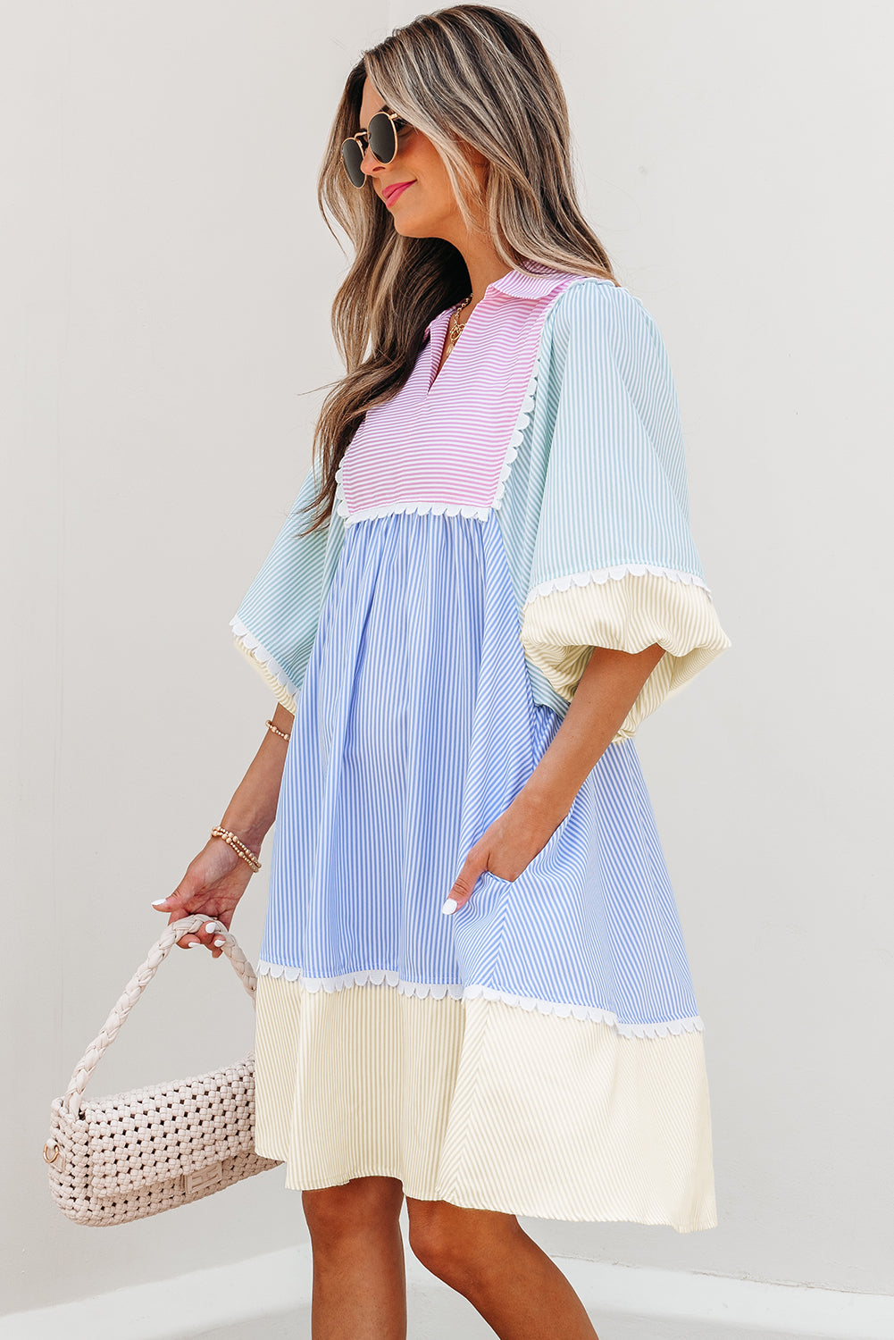 Multicolour Striped Patchwork Ric Rac Puff Sleeve Collared Mini Dress