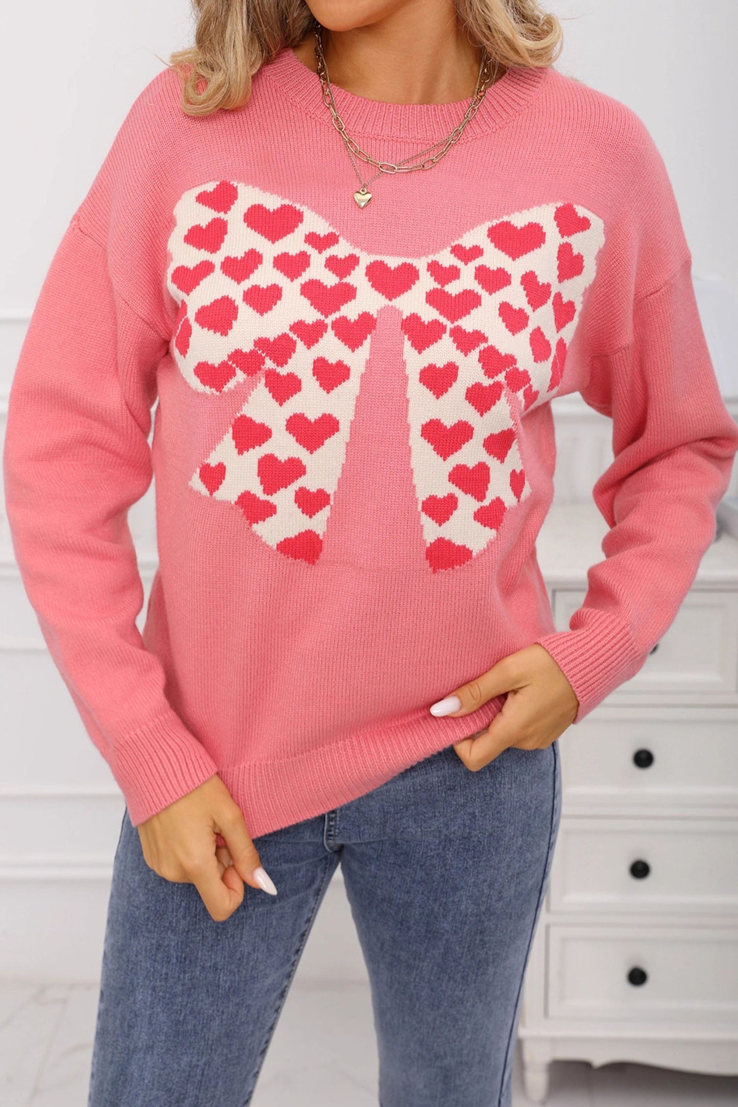 Dusty Pink Heart Bow Graphic Valentine Sweater