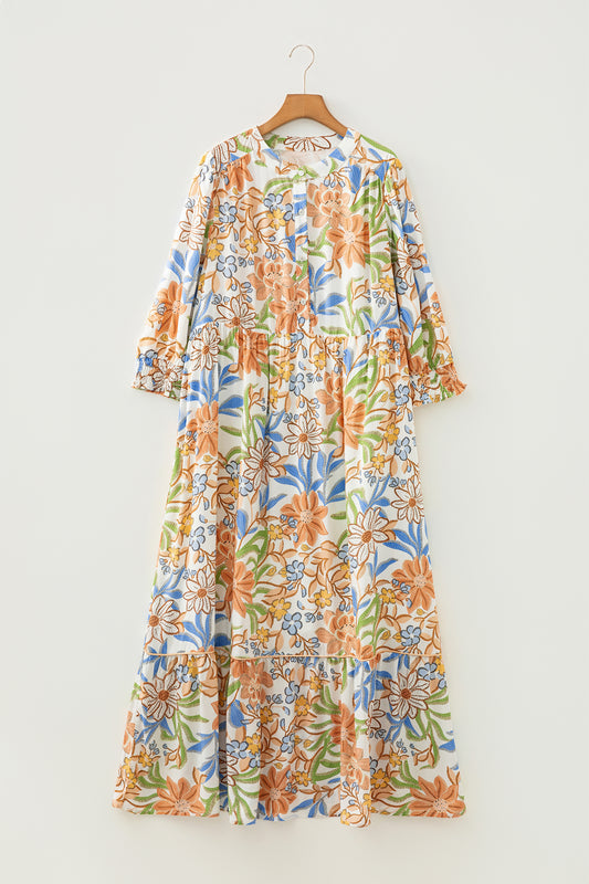 Khaki Floral Print 3/4 Sleeves Tiered Plus Size Long Dress