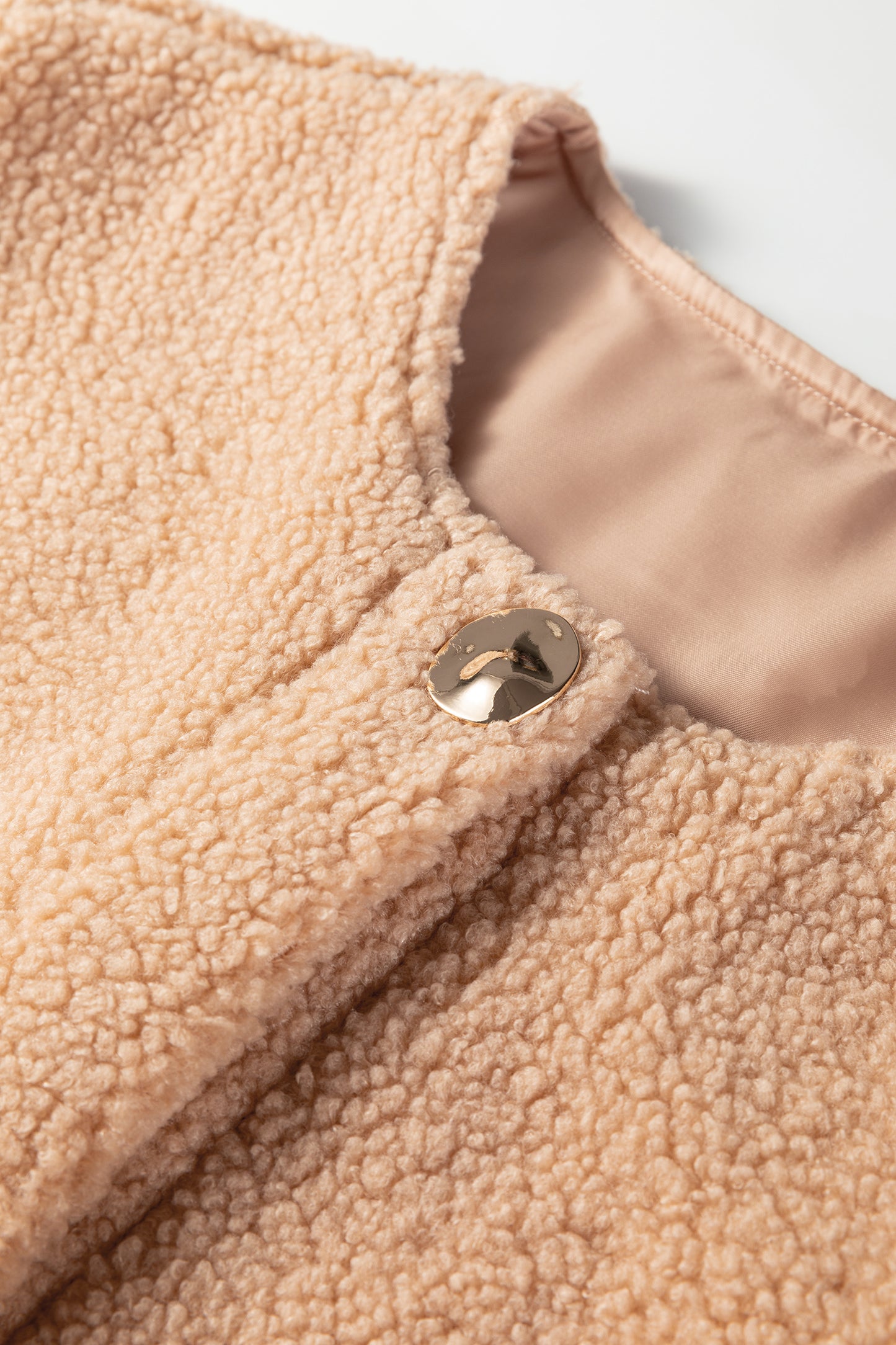 Light French Beige Big Button Accent Fuzzy Pocket Vest