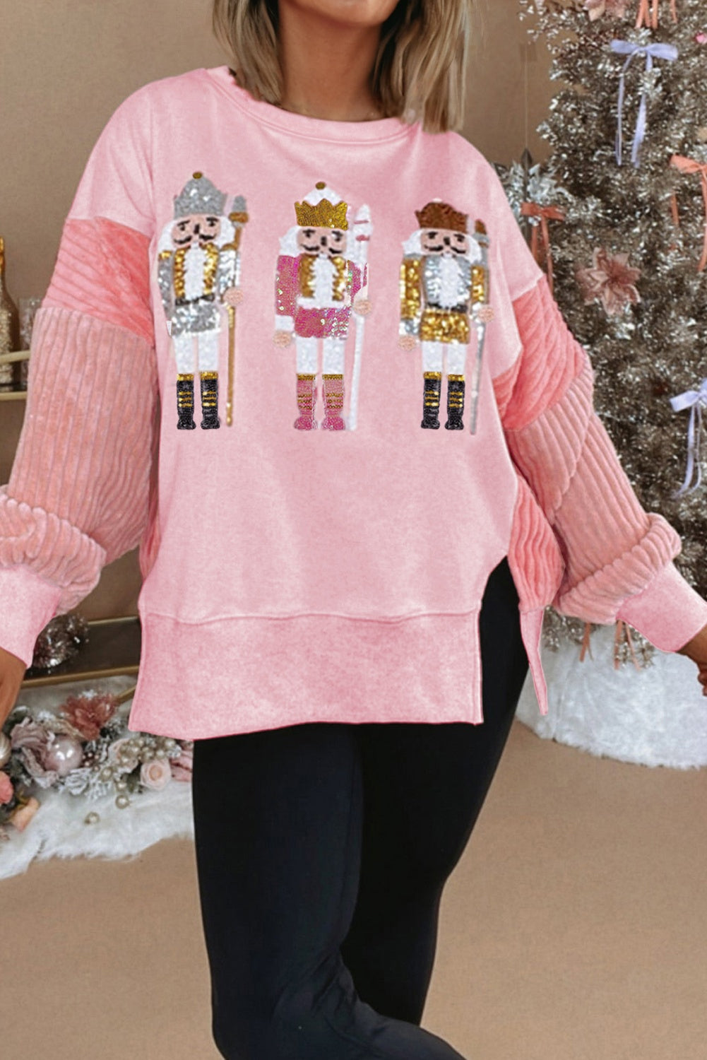 Light Pink Sequin Nutcracker Textured Sleeve Patchwork Color Block Sweatshirt