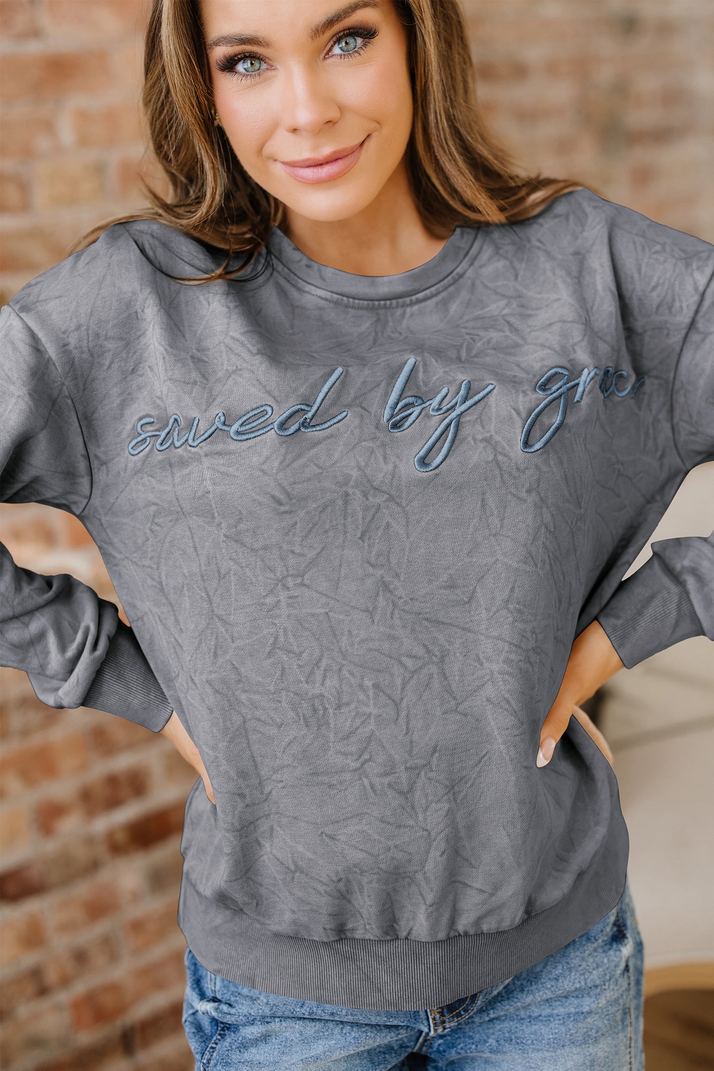 Real Teal saved by grace Letter Embroidery Mineral Wash Loose Sweatshirt