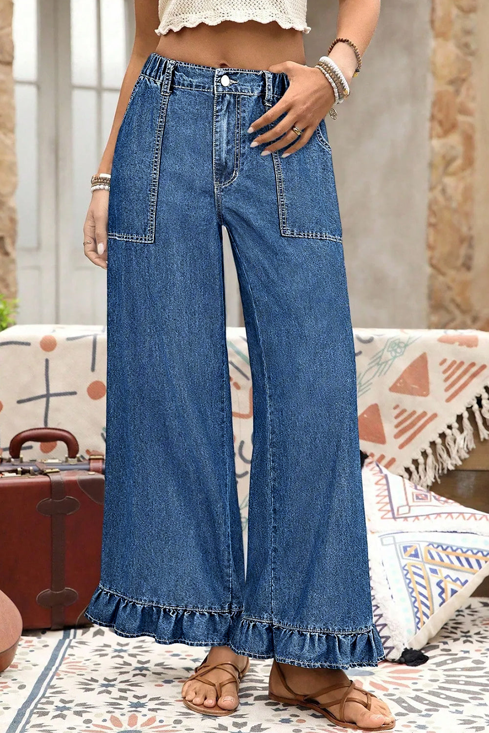 Black Plus Size Elastic Waist Ruffled Wide Leg Denim Pants