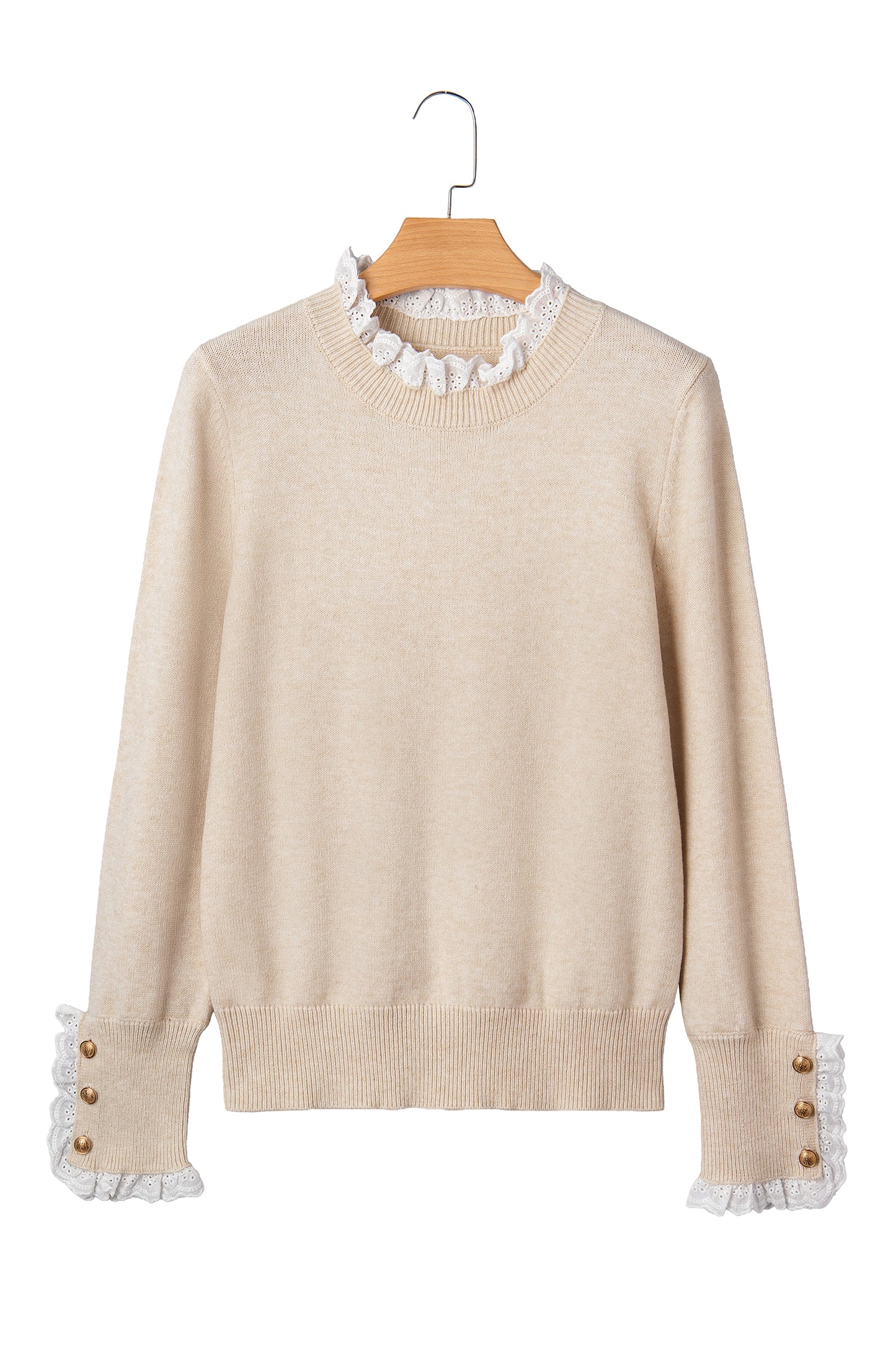 Sleet Lace Trim Patchwork Buttoned Cuffs Loose Sweater