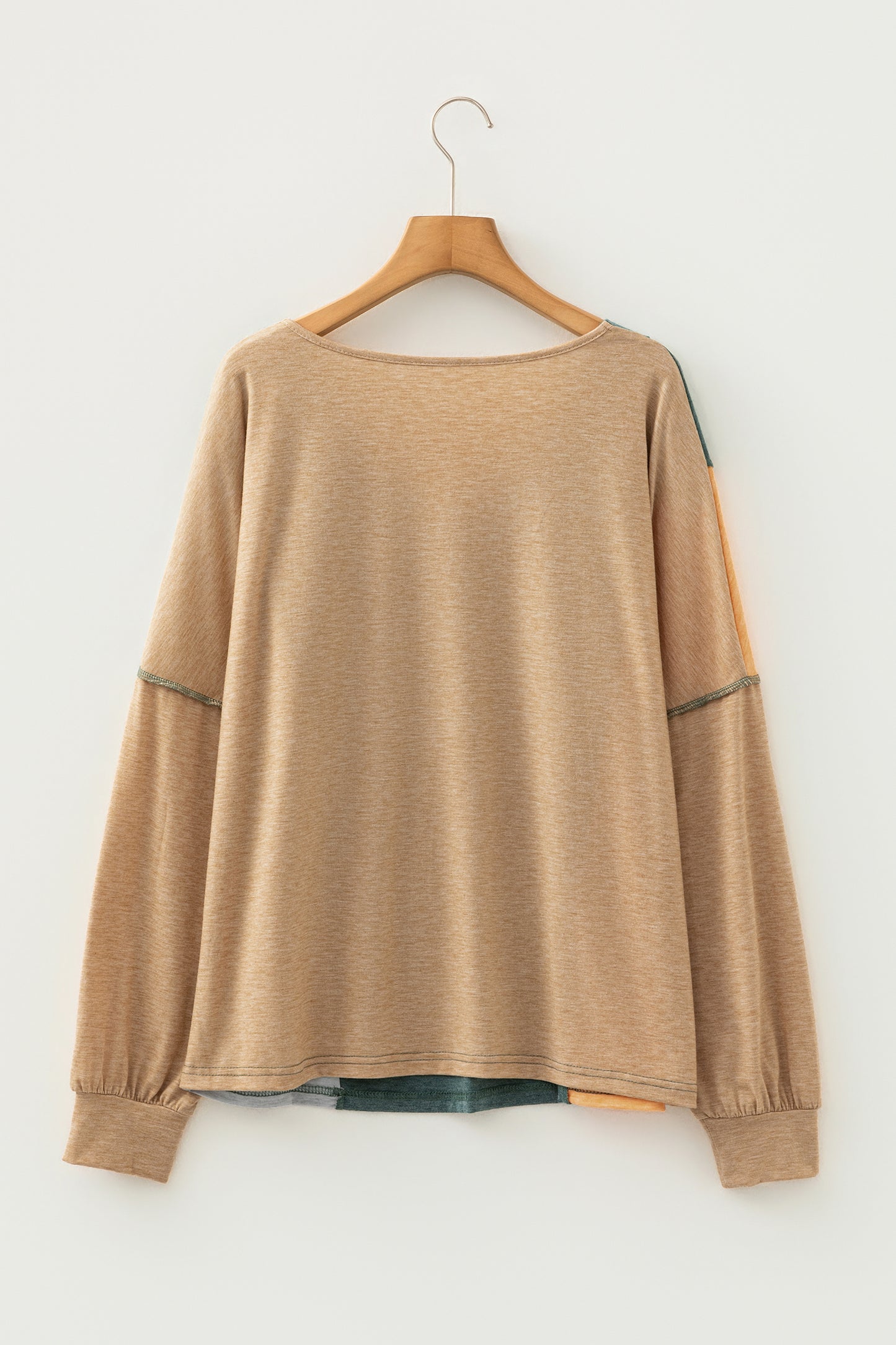 Jungle Green Exposed Stitching Colorblock V Neck Long Sleeve Top