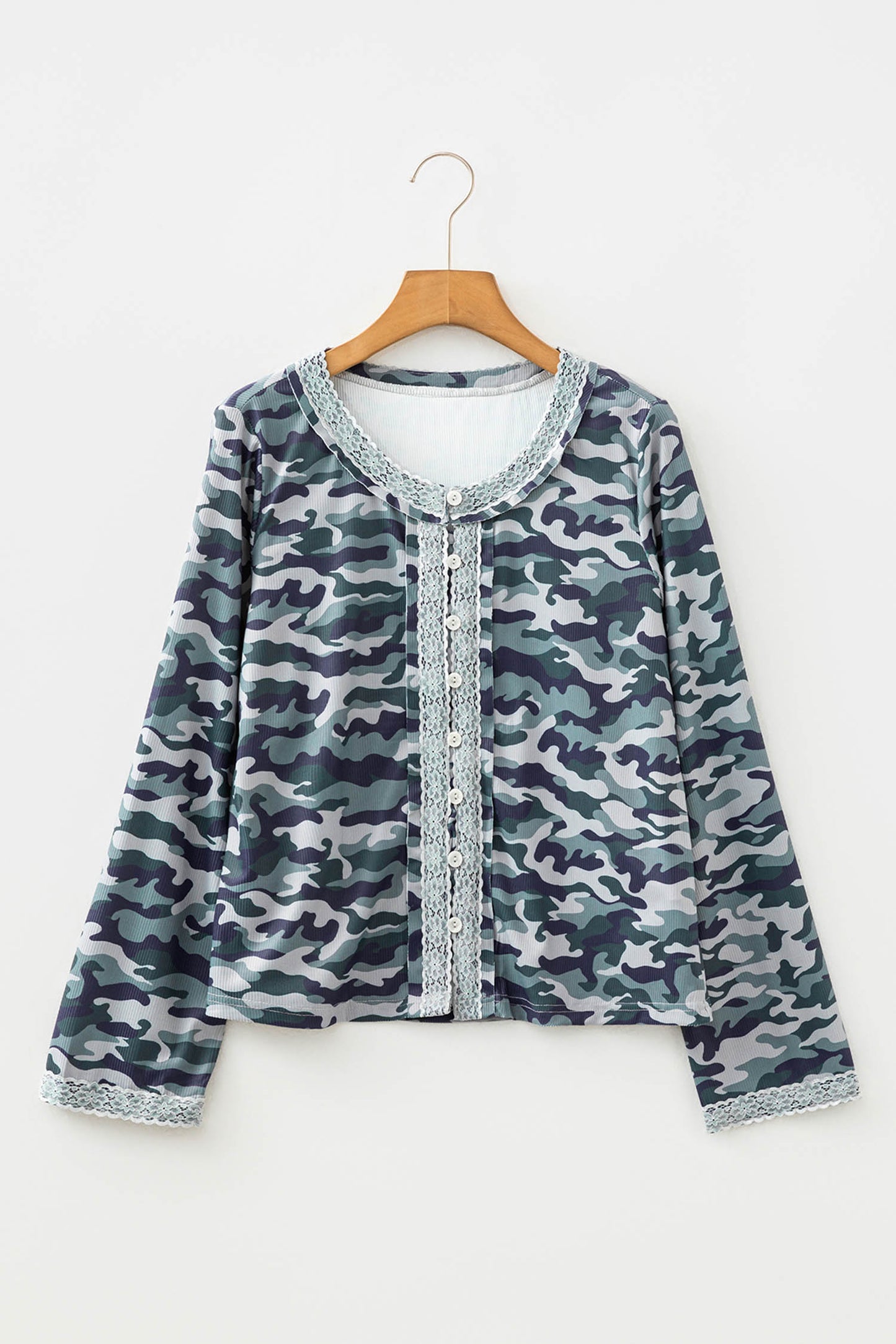 Green Camouflage Print Lace Patchwork Detail Button Long Sleeve Top