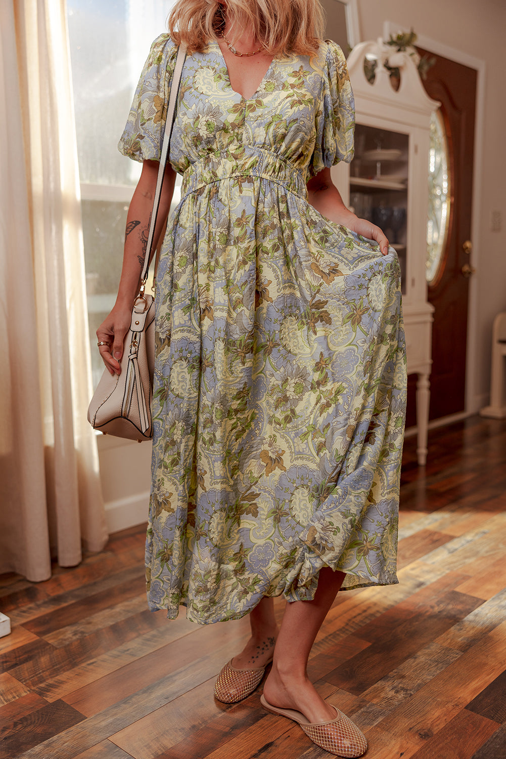 Multicolour Vintage Floral V Neck Short Puff Sleeve Long Dress