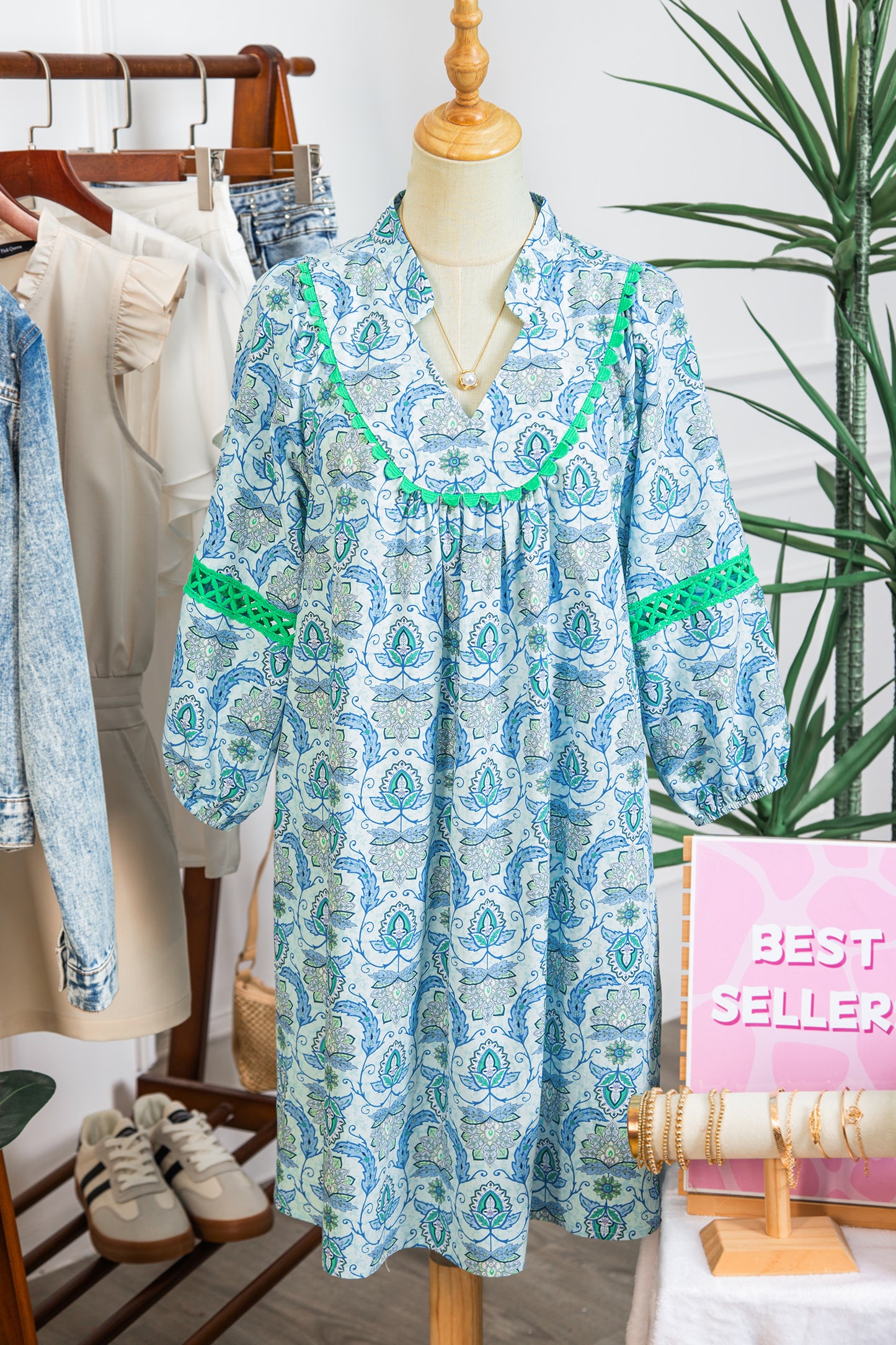 Sky Blue Boho Paisley Print Contrasted Patchwork Detail Bracelet Sleeve Loose Mini Dress