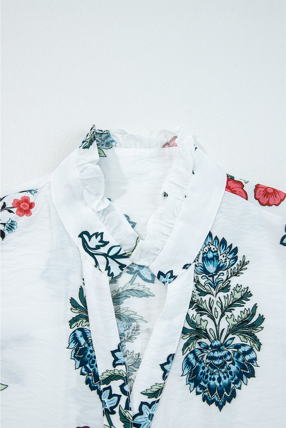 White Floral Print Frilled Collar V Neck Button Down Long Sleeve Shirt