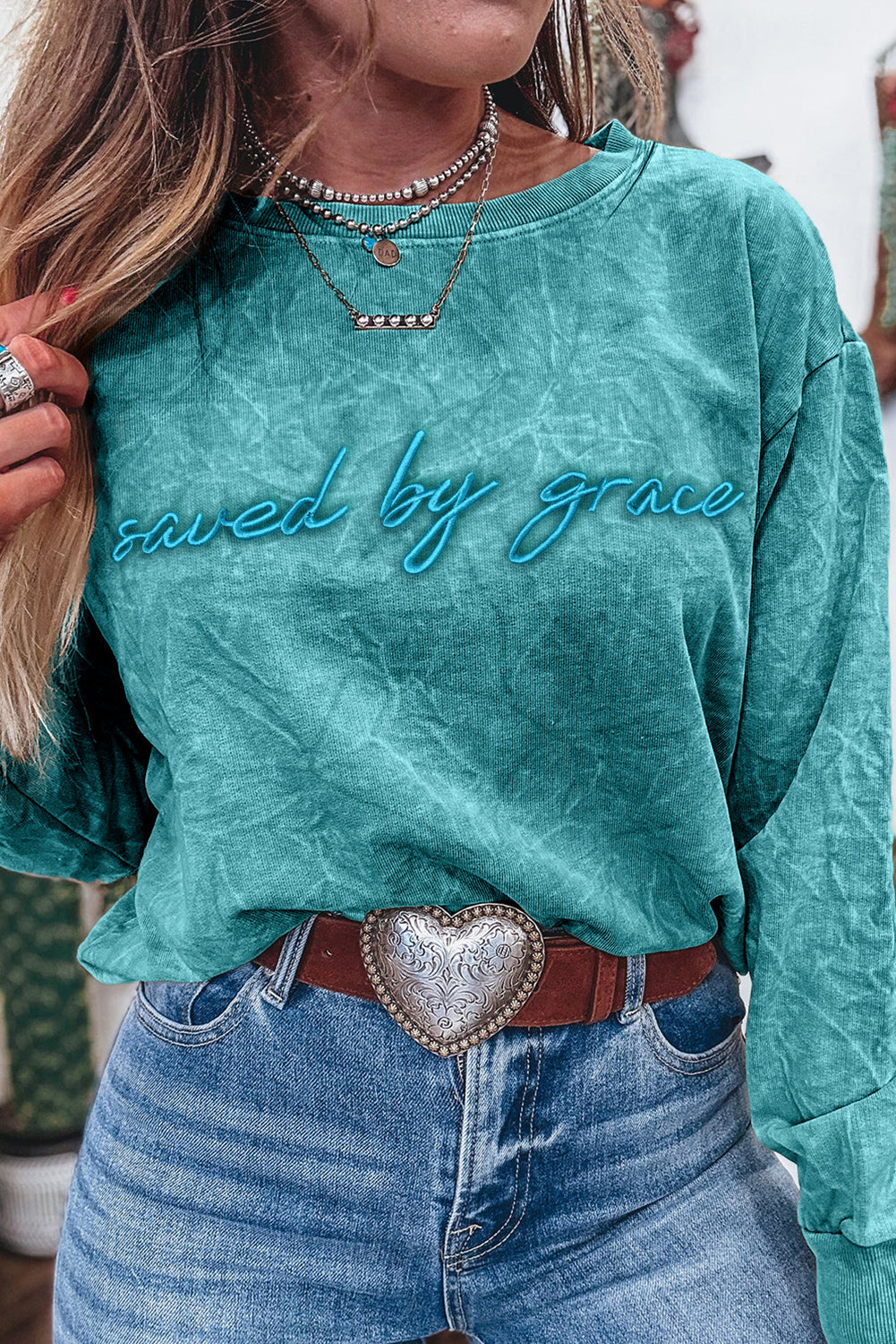 Real Teal saved by grace Letter Embroidery Mineral Wash Loose Sweatshirt