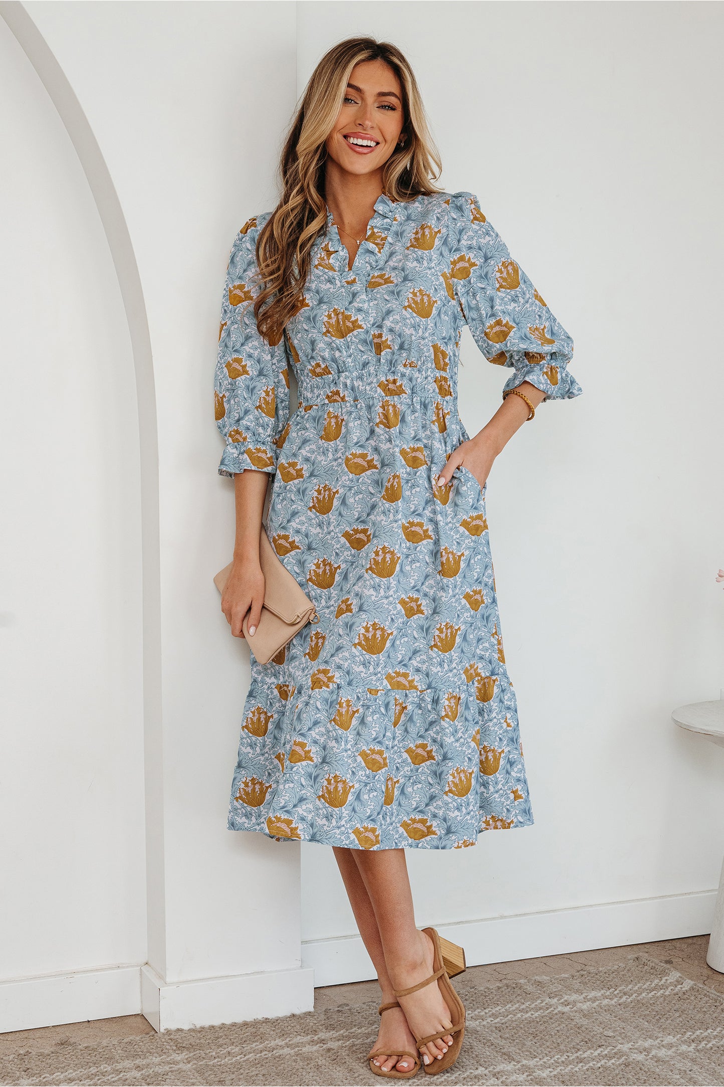 Brown Floral Printed Frilled V Neck Bracelet Sleeve Long Dress