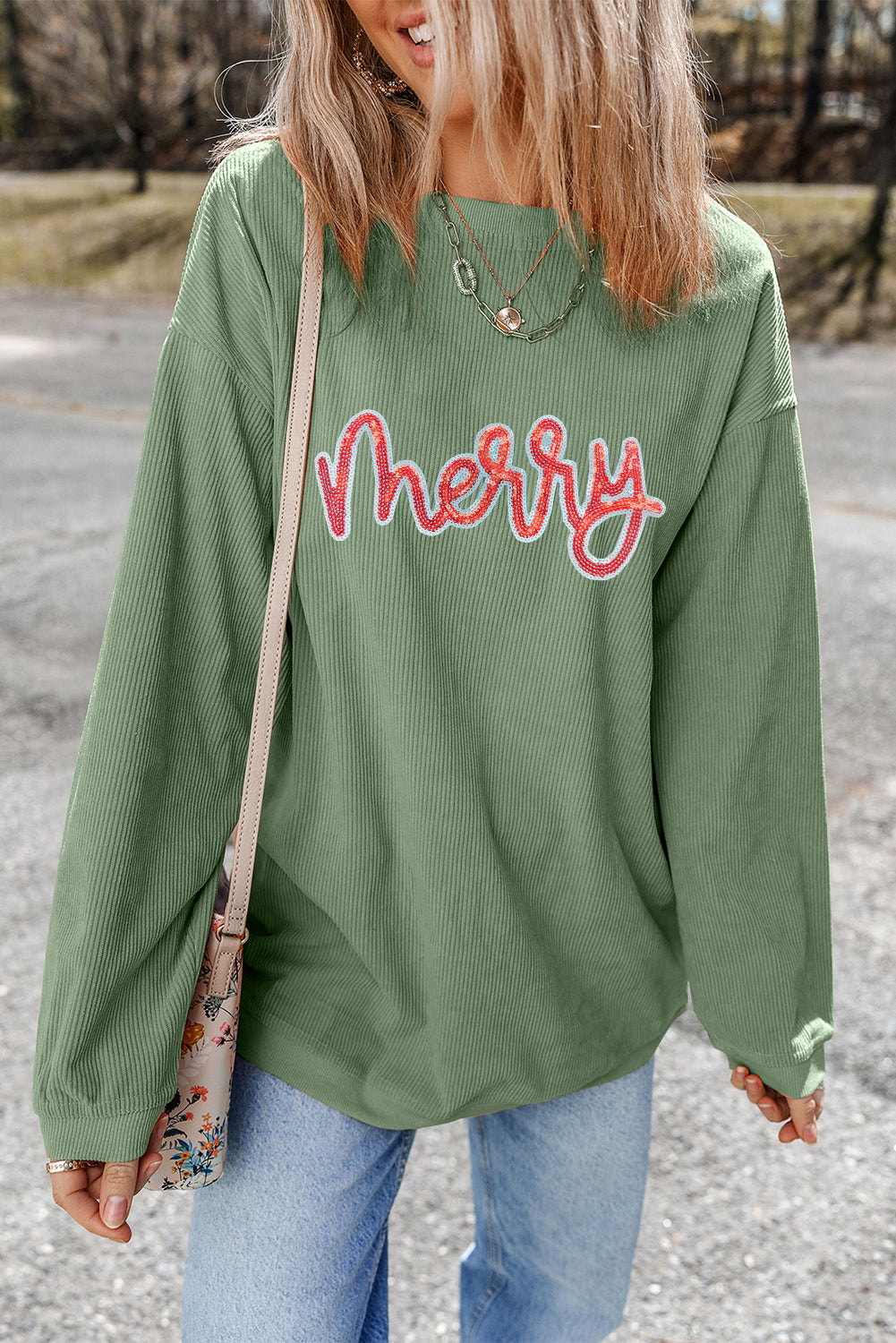 Grass Green Sequined merry Letter Graphic Twisted Ribbed Baggy Sweatshirt