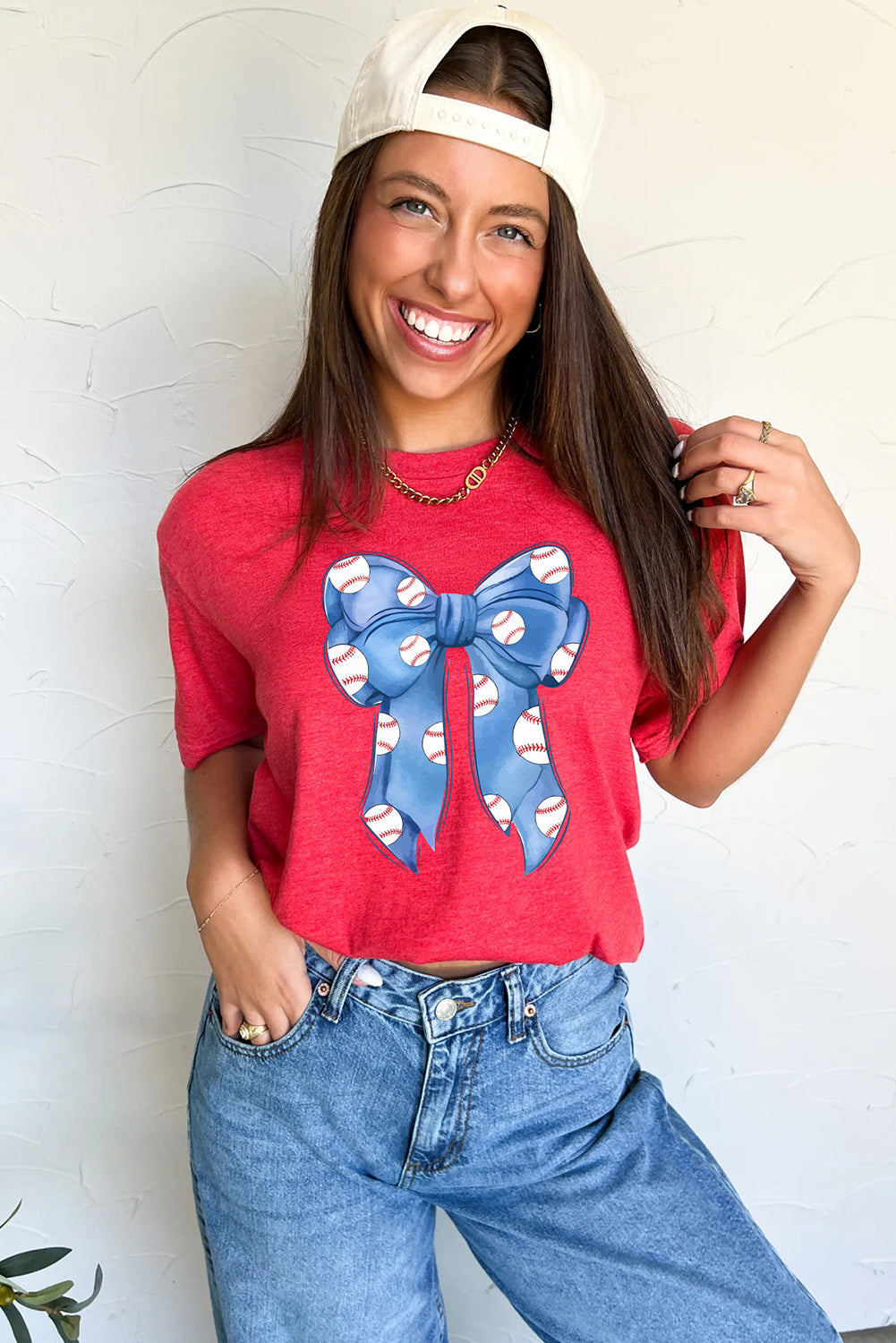 Red Rugby Bowknot Graphic Crew Neck Tee