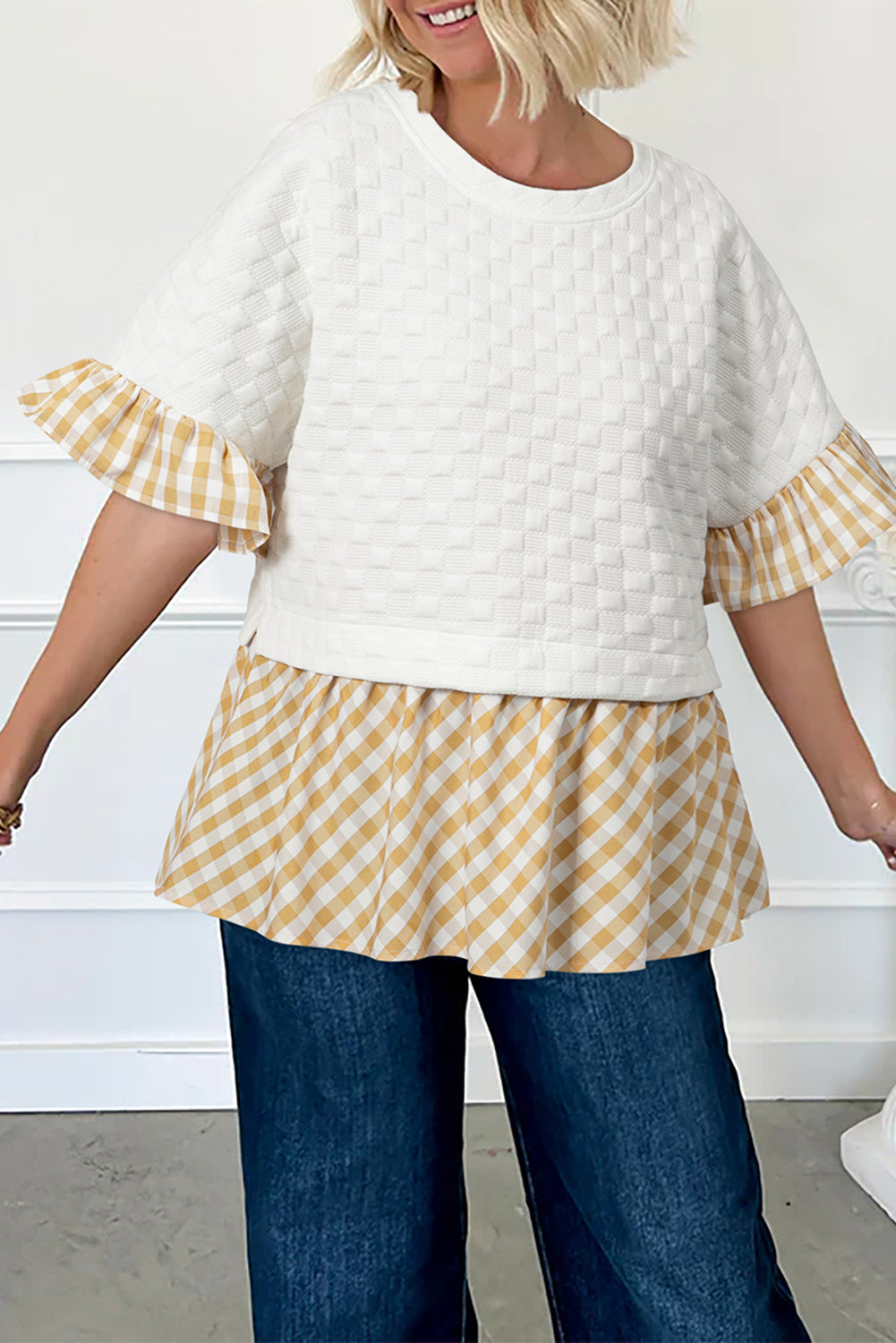 White Textured Checker Contrast Print Ruffled Sleeve Blouse