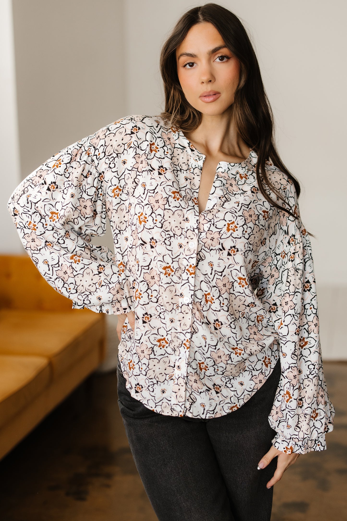 Khaki Bold Floral Print Frilled Puff Sleeve Button Down Shirt