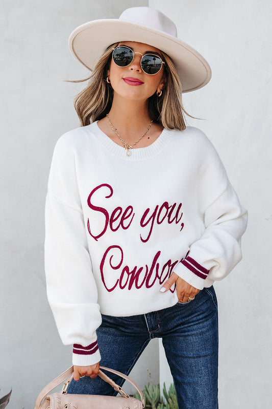 Peach Blossom See You Cowboy Embroidered Western Graphic Sweater