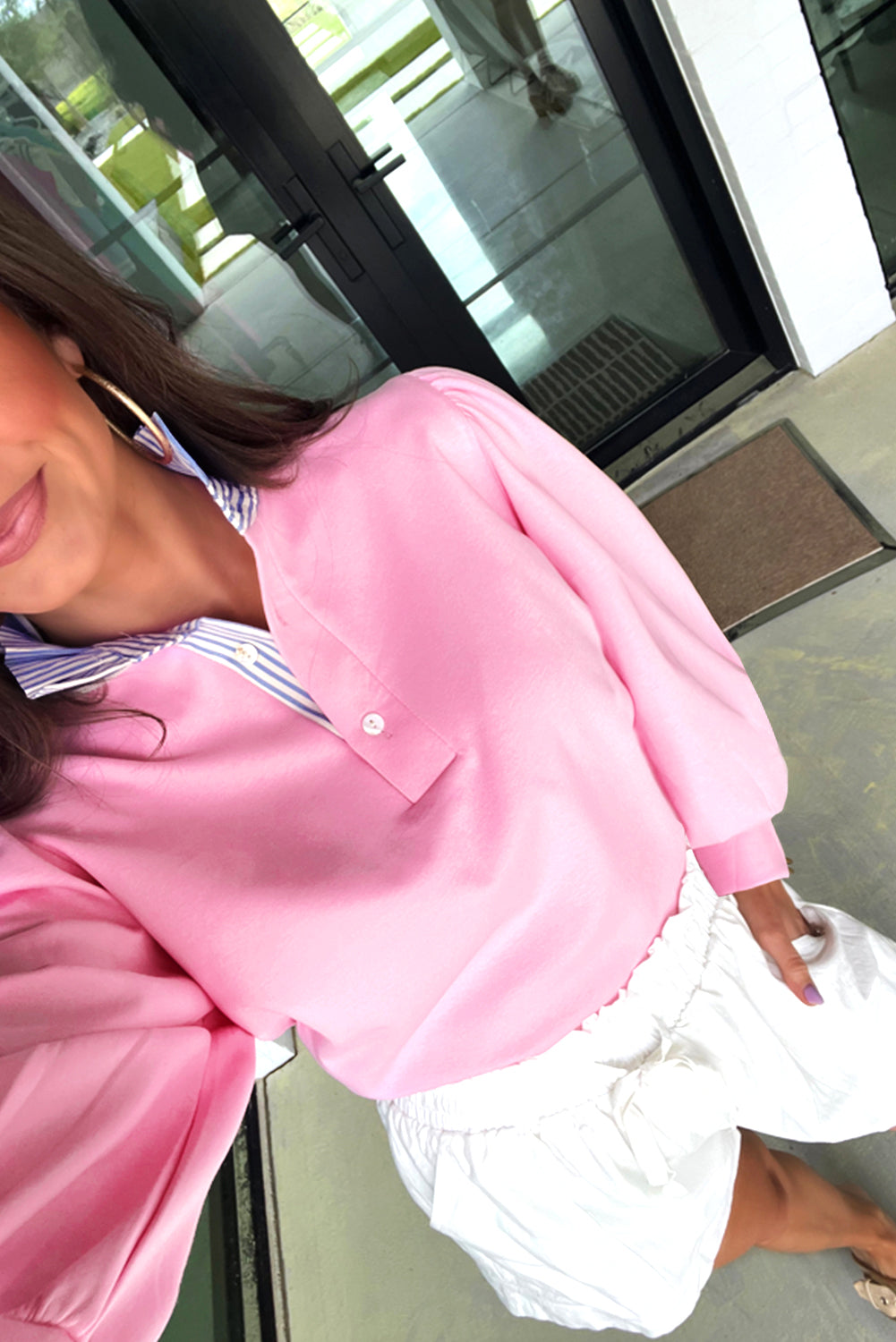 White Button Striped Collar Patchwork Puff Sleeve Sweatshirt