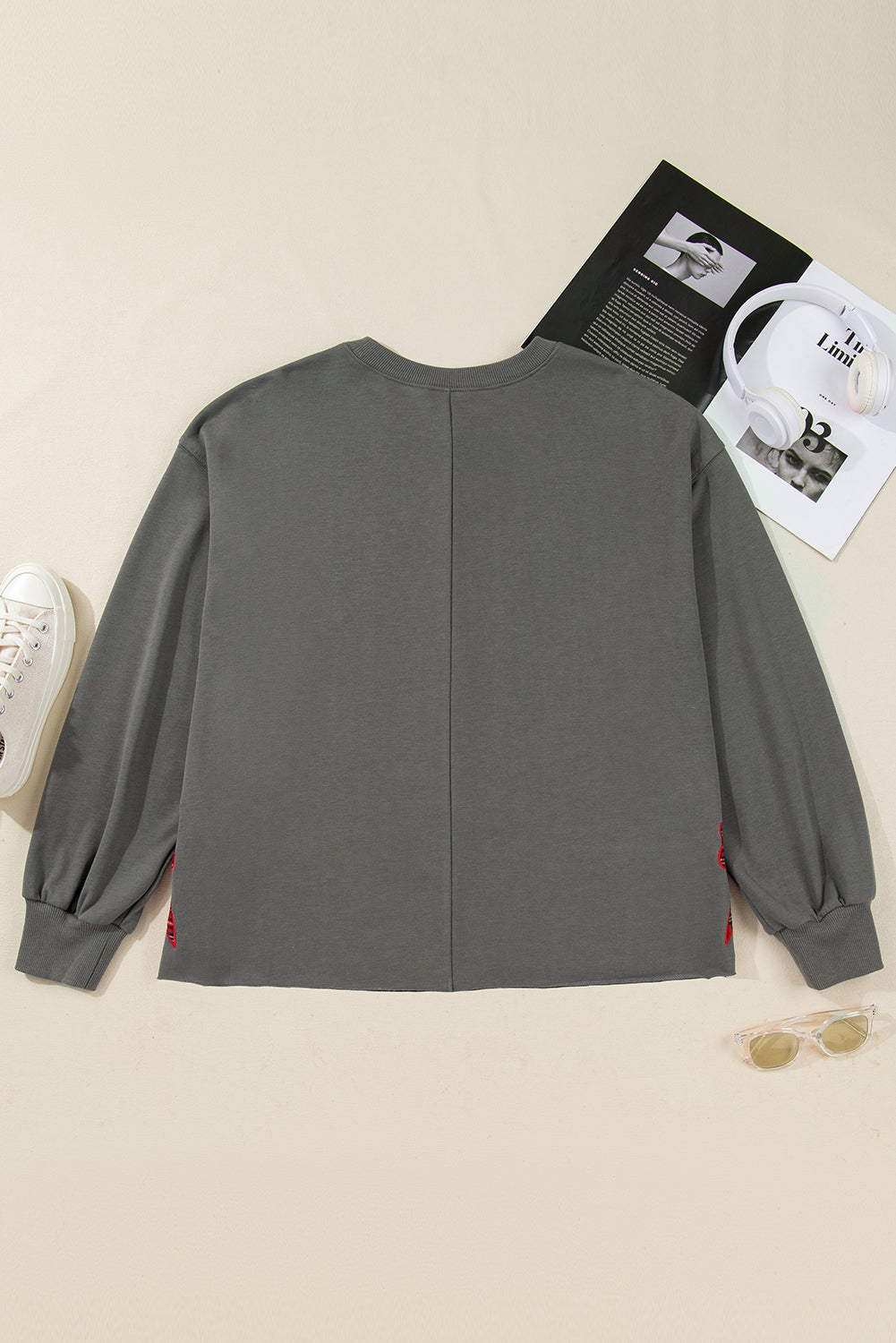 Medium Grey Plaid MERRY Bow Embroidered Plus Size Sweatshirt with Side Slits