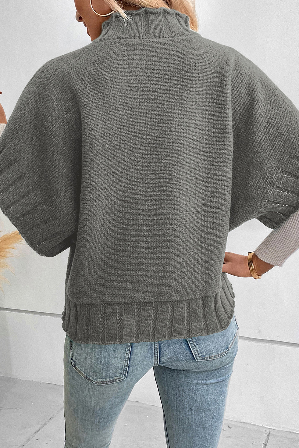 Desert Palm Mock Neck Batwing Short Sleeve Knit Sweater