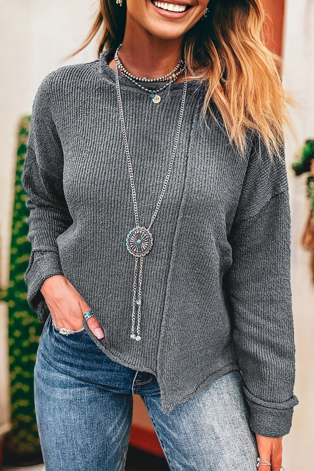 Medium Grey Raw Edge Uneven Hem Patchwork Drop Shoulder Sweater