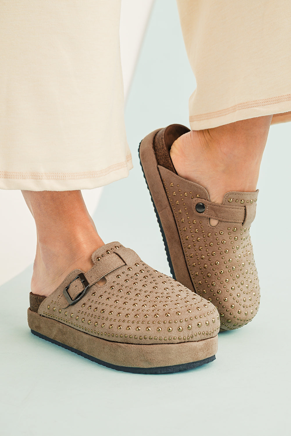 Parchment Rivet Buckle Closed Toe Platform Slippers