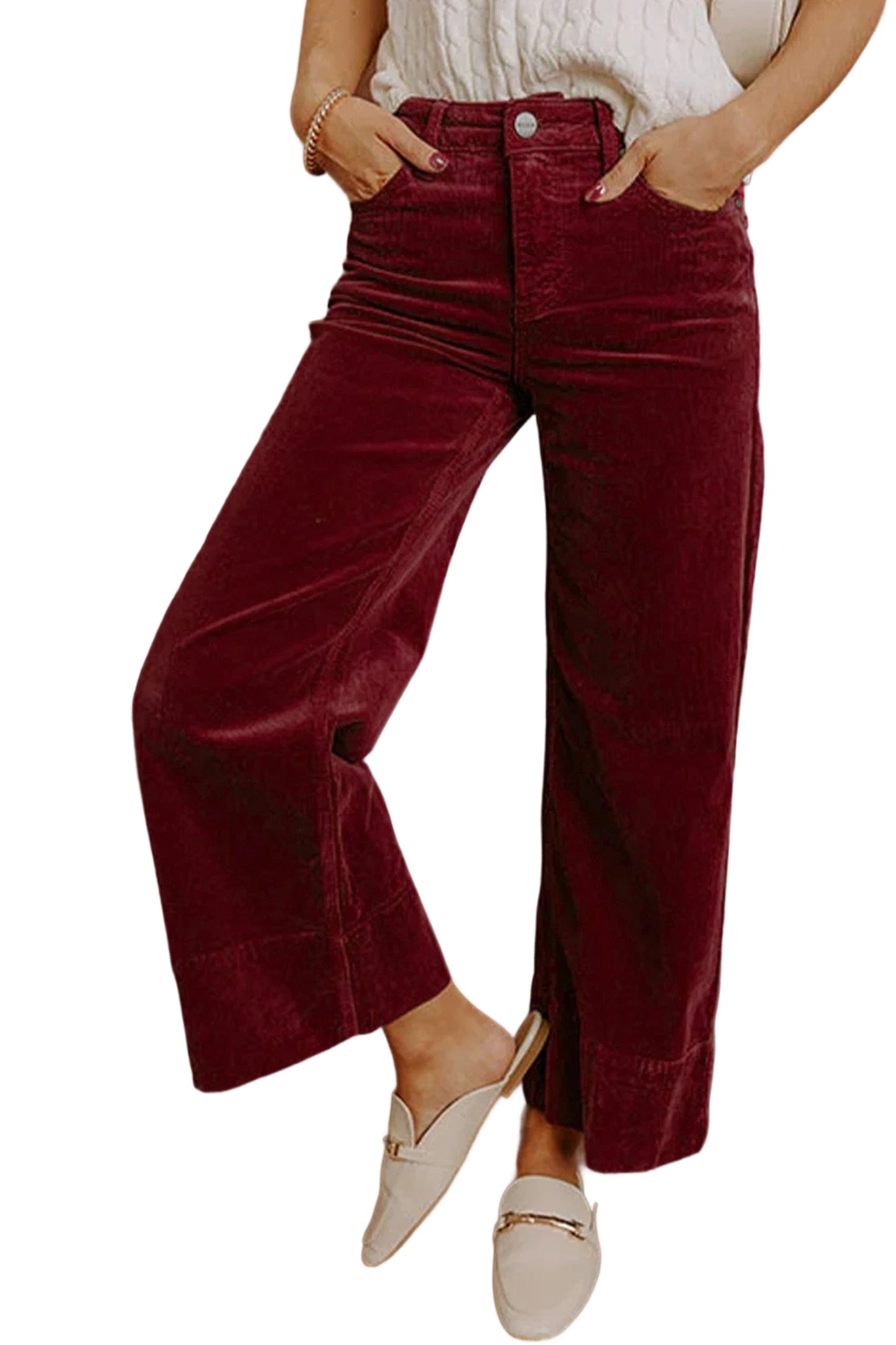 Burgundy Corduroy Solid Color High Waist Wide Leg Pants