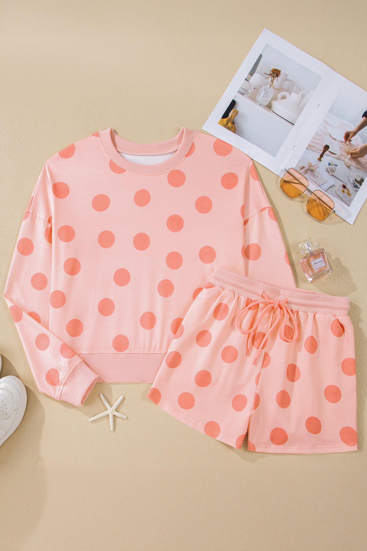 Sky Blue Polka Dot Print Drop Shoulder Pullover Drawstring Shorts Set