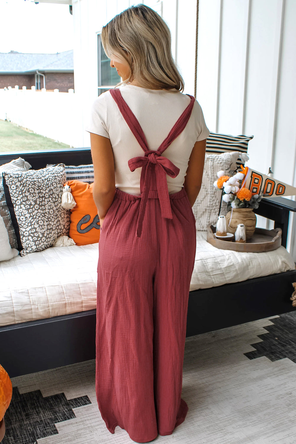 Red Clay Knotted Back Strap Cotton Bib Jumpsuit