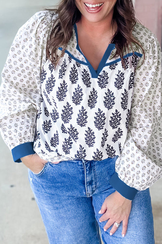 White Plus Size Boho Floral Print Contrast Trim Split Neck Puff Sleeve Patchwork Blouse