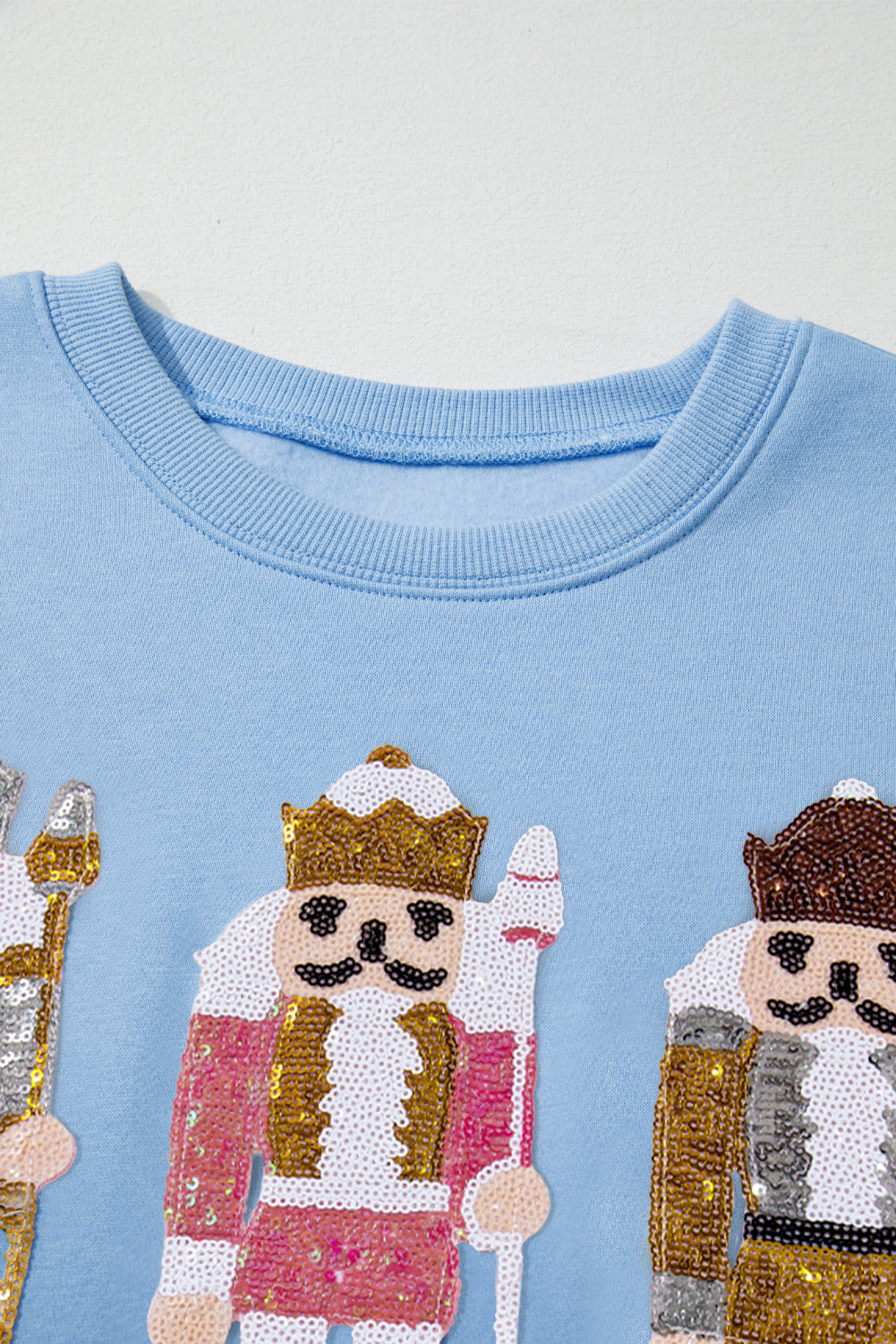 Light Pink Sequin Nutcracker Textured Sleeve Patchwork Color Block Sweatshirt