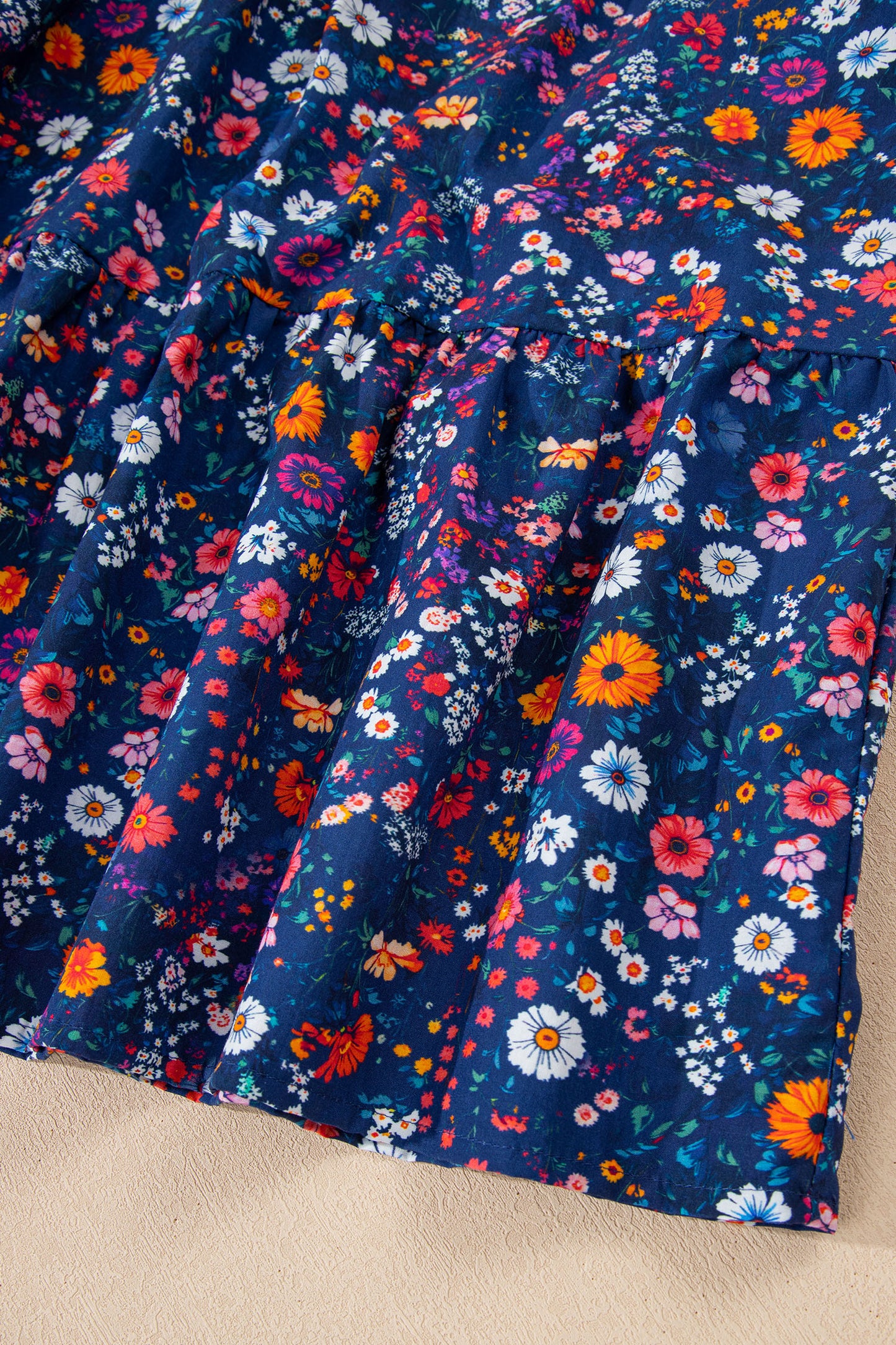 Blue Wild Daisy Floral Split Neck Short Puff Sleeve Mini Dress