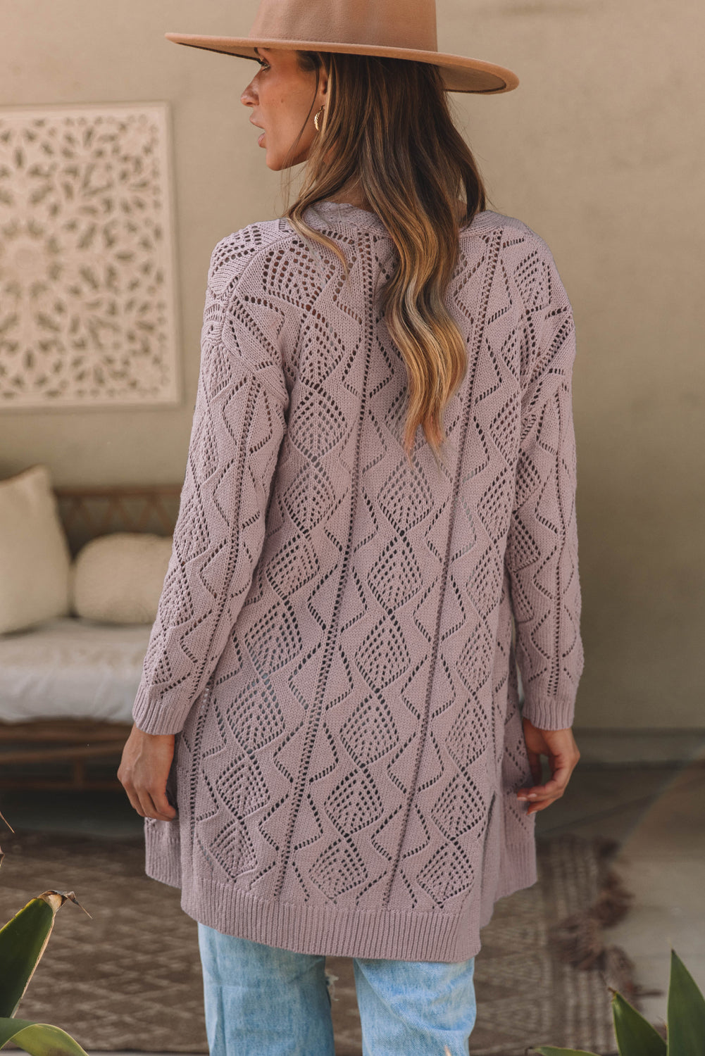 Khaki Hollow-out Openwork Knit Cardigan