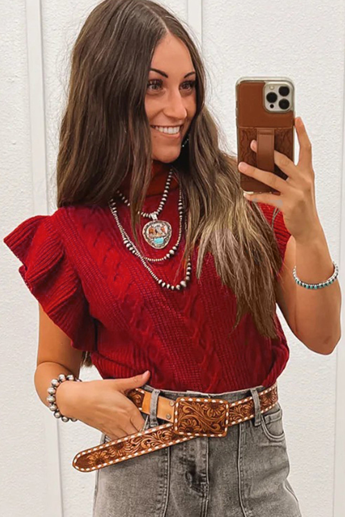 Jet Stream Cable Knit Turtleneck Ruffled Short Sleeve Sweater