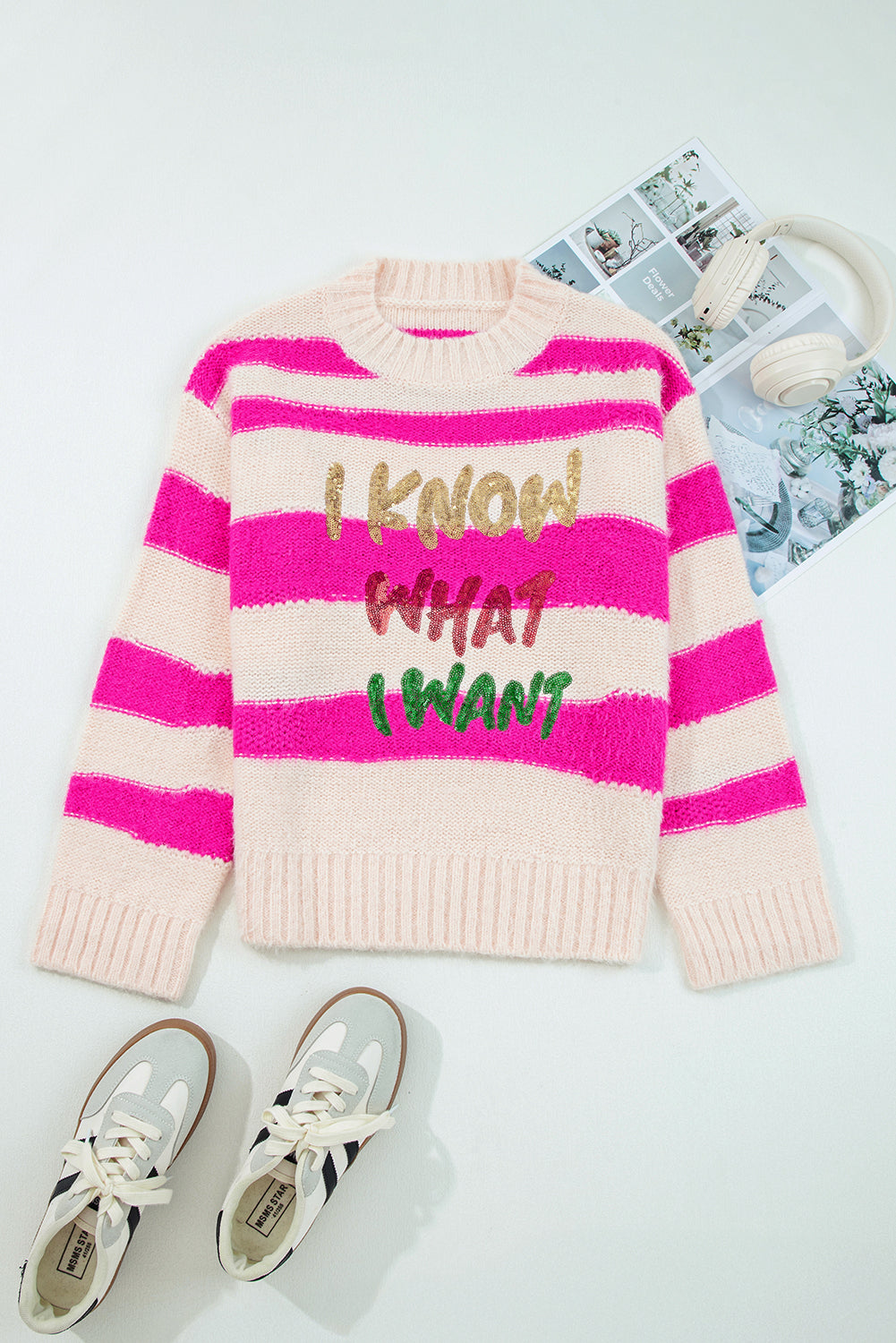 Rose Red I KNOW WAHT I WAT Sequin Letter Graphic Colorblock Loose Sweater