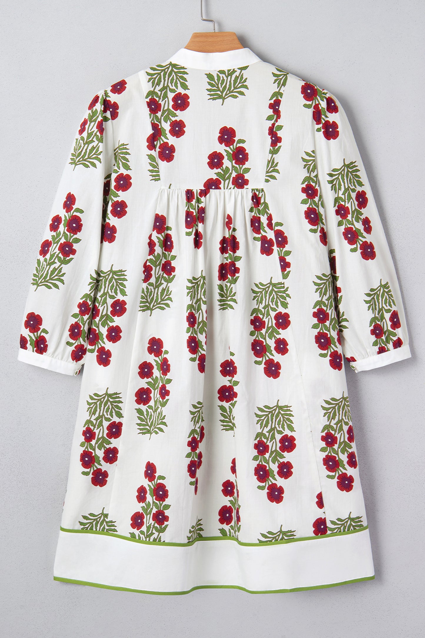 White Frilled V Neck 3/4 Sleeve Loose Floral Dress