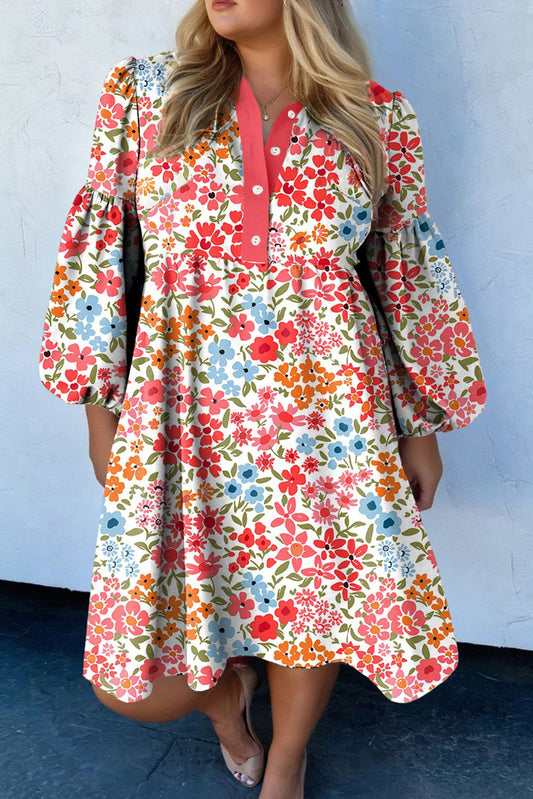 Pink Plus Size Button V Neck Leopard Print Puff Sleeve Loose Mini Dress