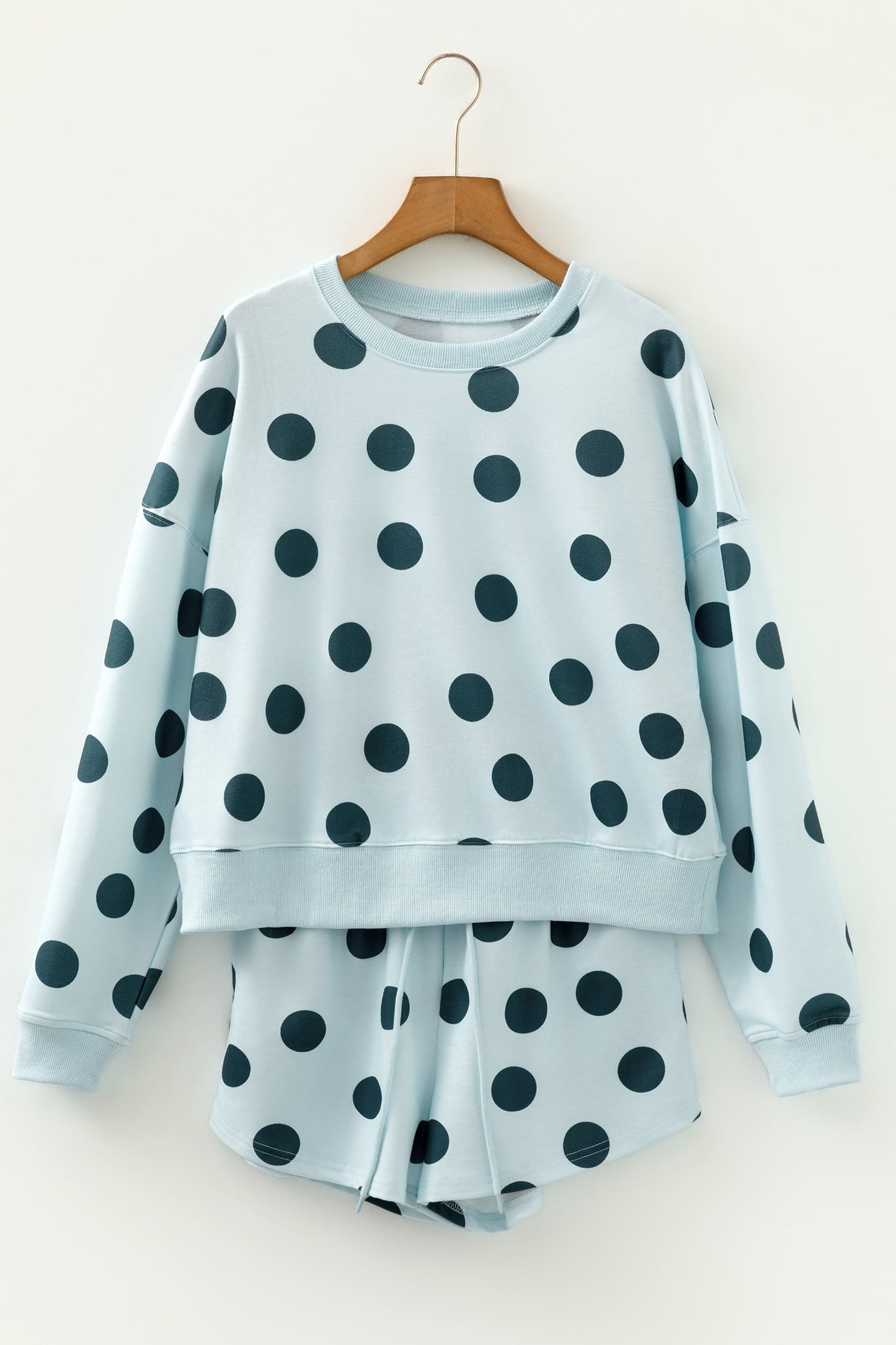 Sky Blue Polka Dot Print Drop Shoulder Pullover Drawstring Shorts Set